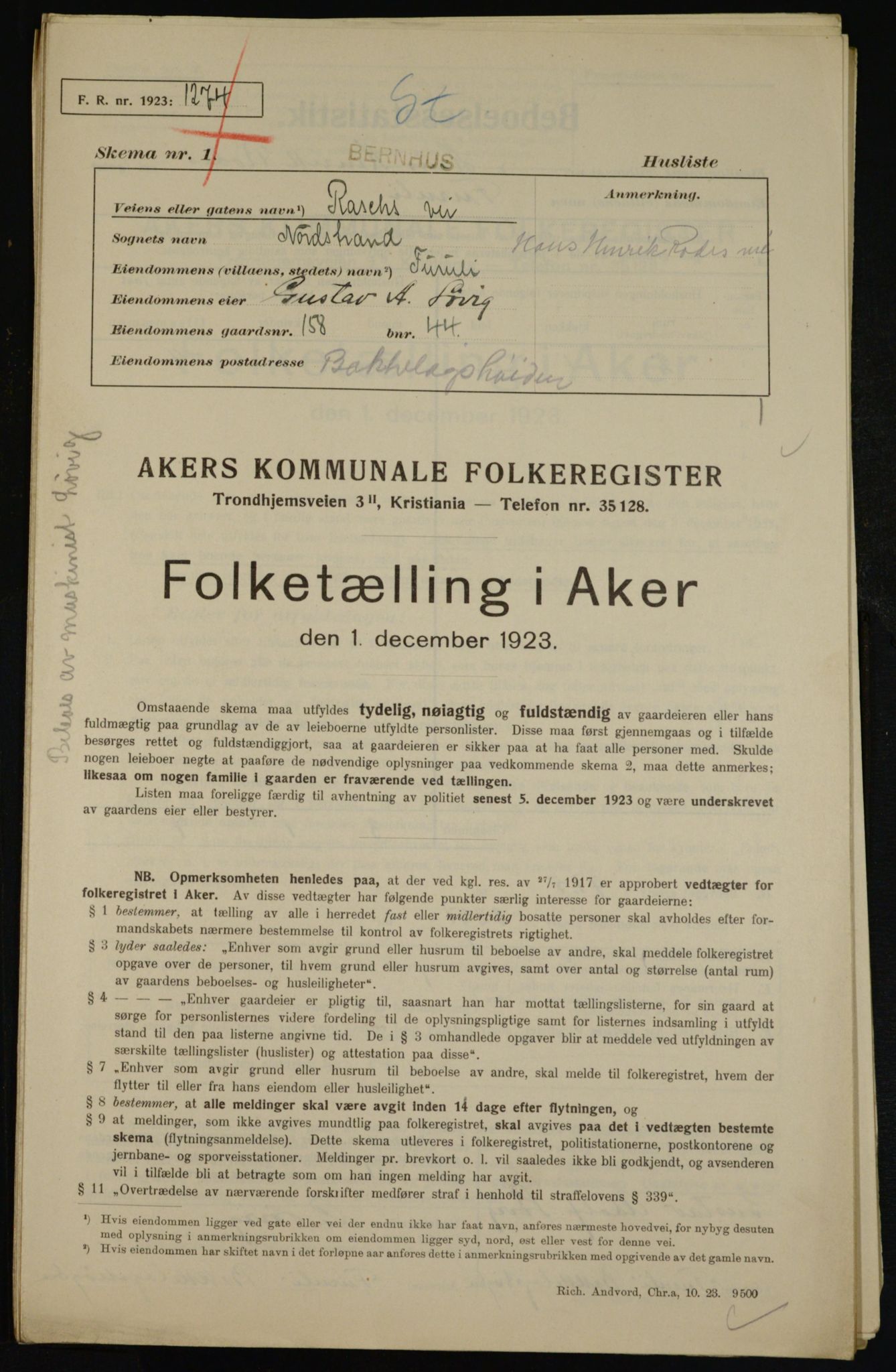 , Kommunal folketelling 1.12.1923 for Aker, 1923, s. 43996