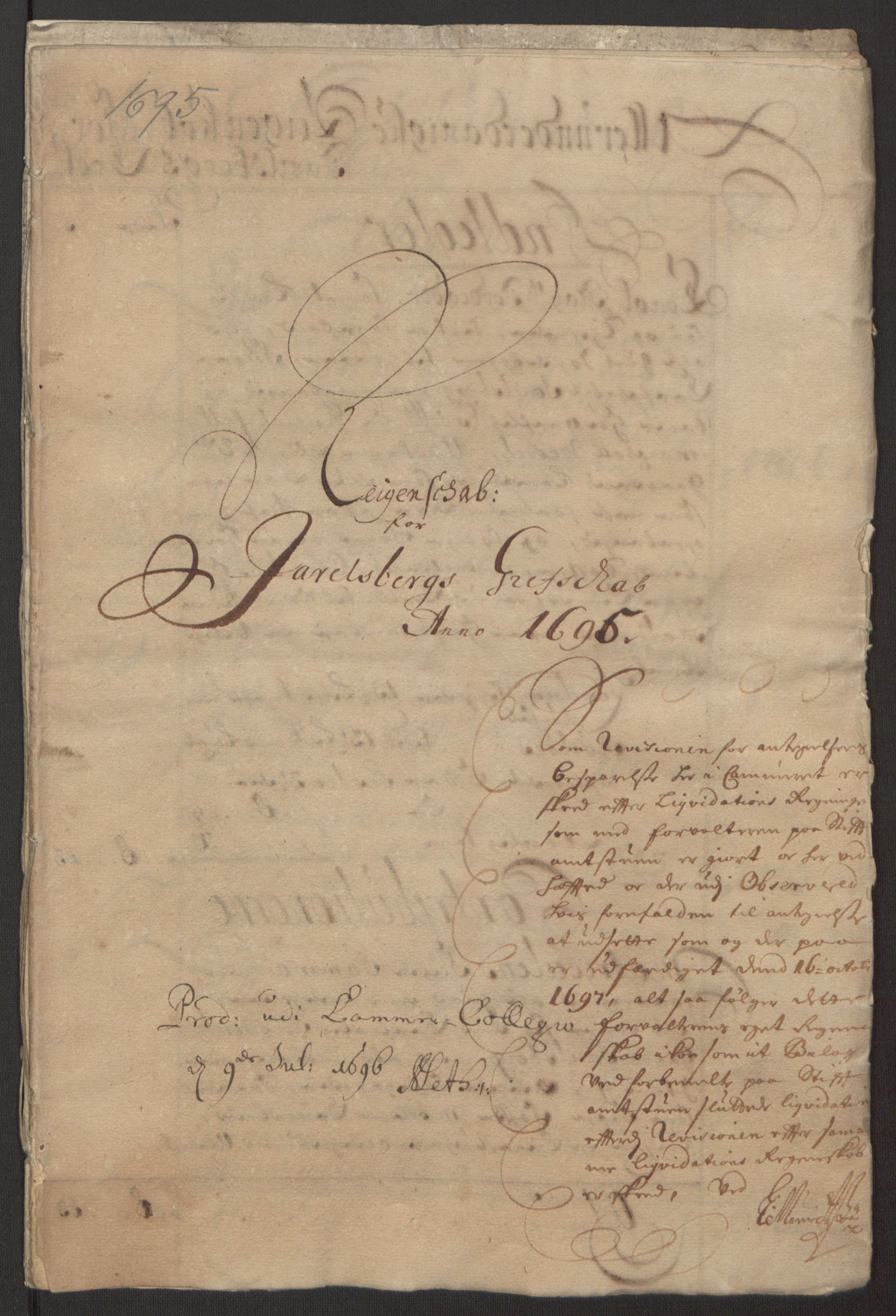 Rentekammeret inntil 1814, Reviderte regnskaper, Fogderegnskap, AV/RA-EA-4092/R32/L1867: Fogderegnskap Jarlsberg grevskap, 1694-1696, s. 131