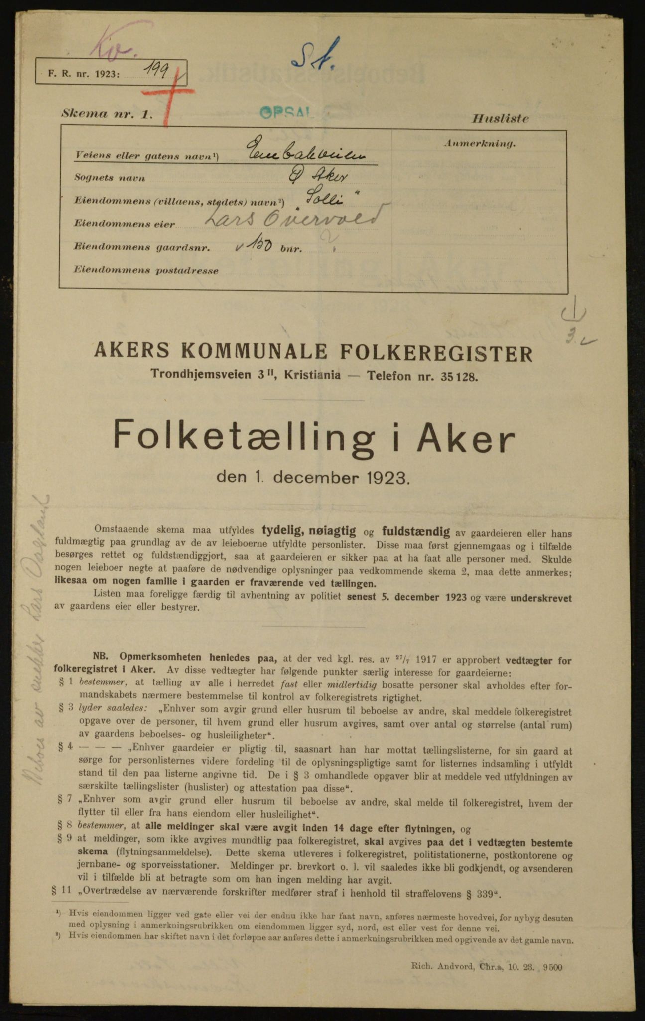 , Kommunal folketelling 1.12.1923 for Aker, 1923, s. 23482