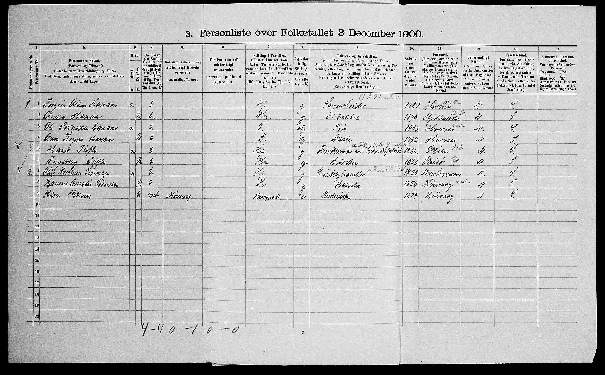 SAK, Folketelling 1900 for 1012 Oddernes herred, 1900, s. 318