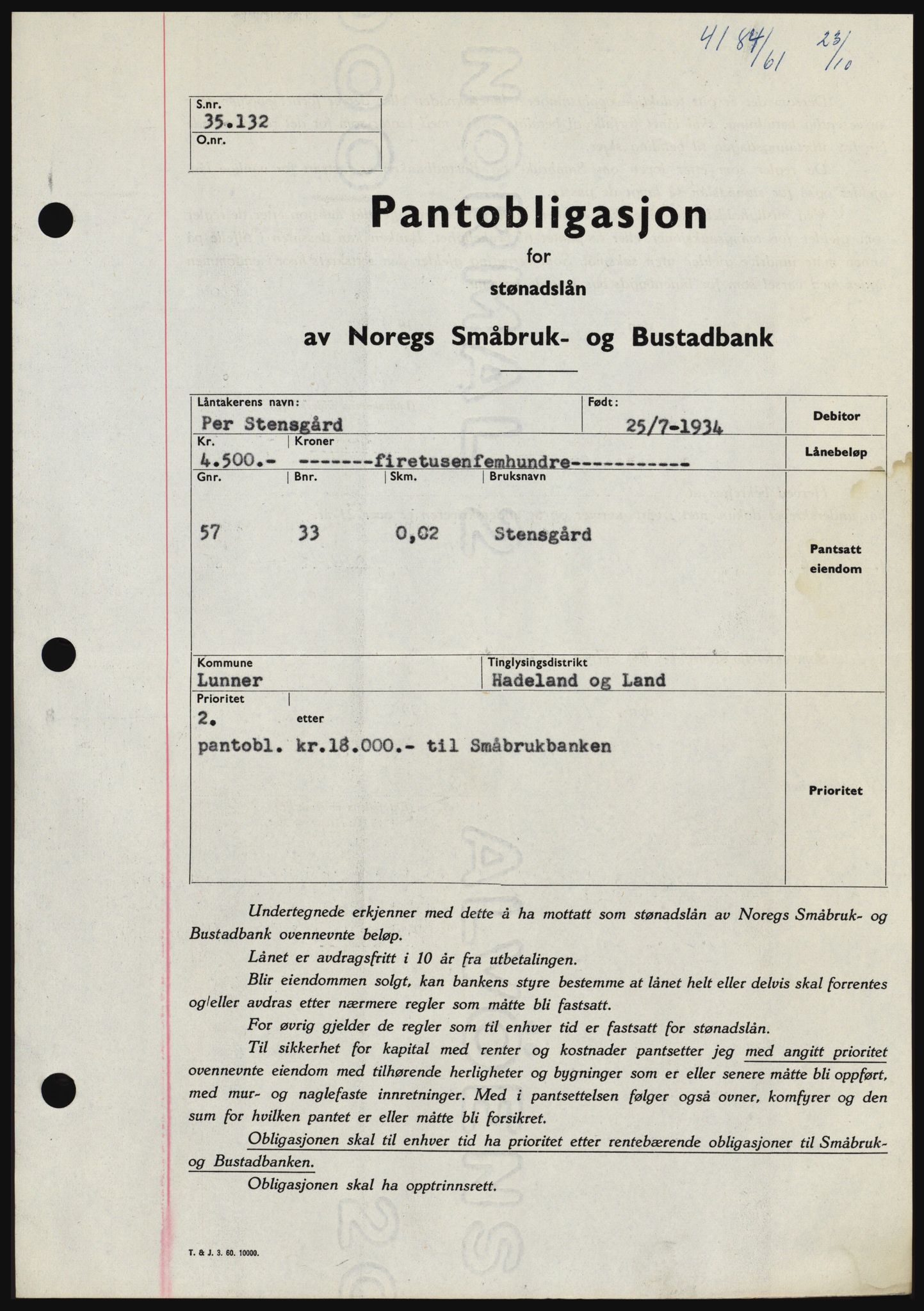 Hadeland og Land tingrett, SAH/TING-010/H/Hb/Hbc/L0047: Pantebok nr. B47, 1961-1962, Dagboknr: 4184/1961
