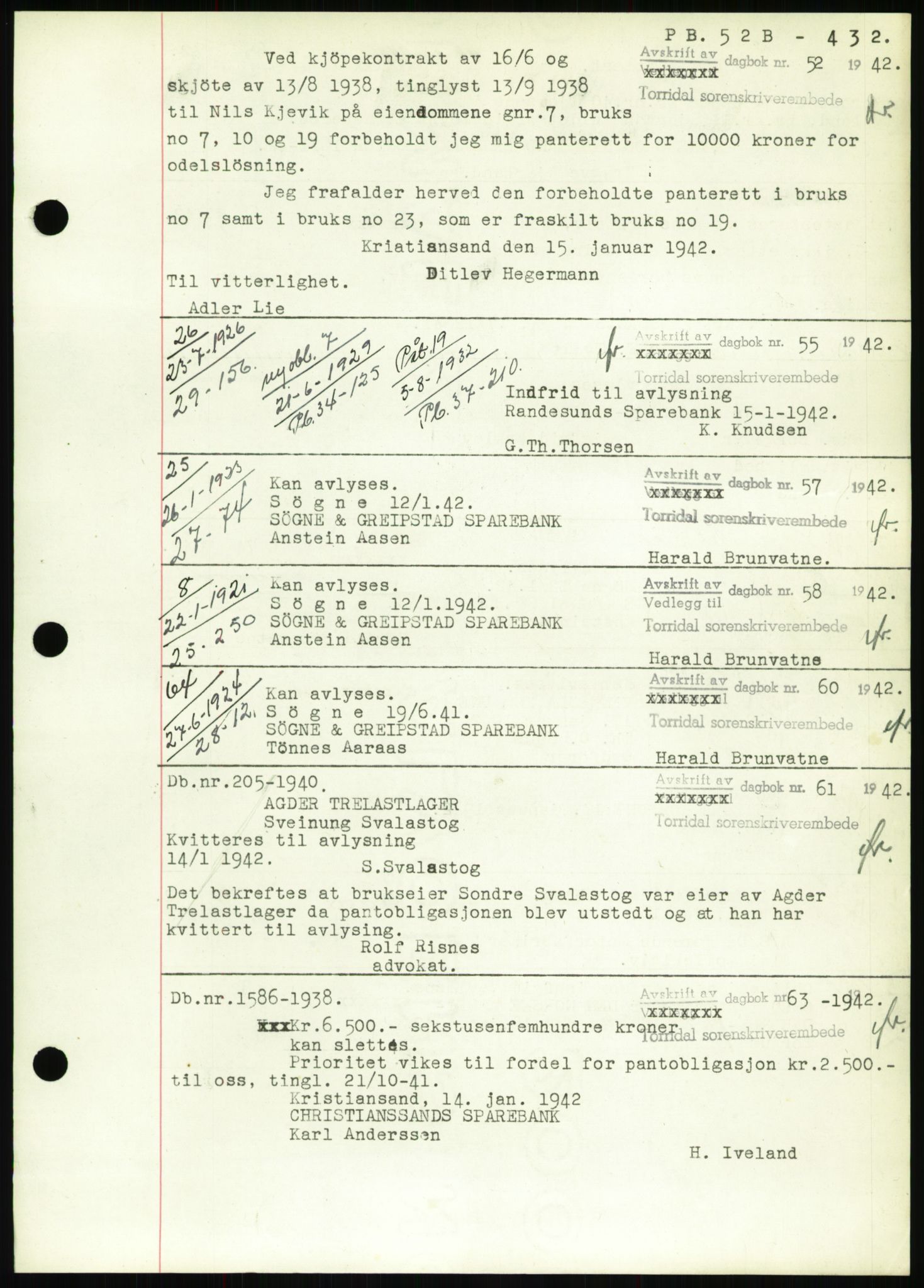 Torridal sorenskriveri, SAK/1221-0012/G/Gb/Gbb/L0008: Pantebok nr. 52b, 1940-1942, Dagboknr: 52/1942