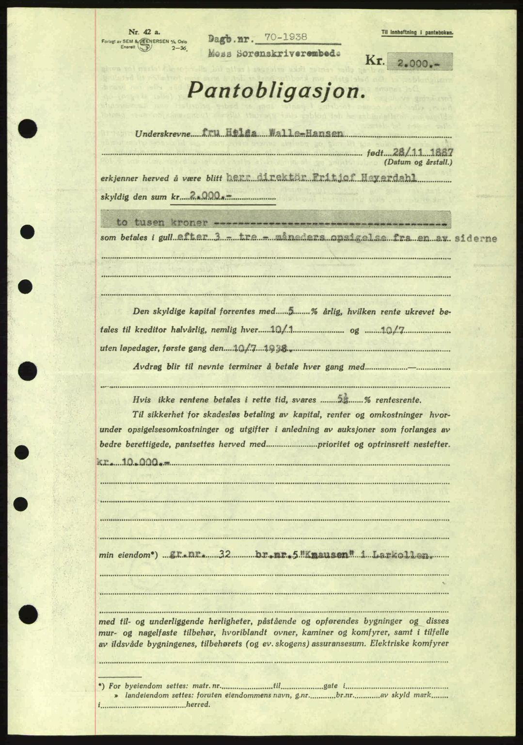 Moss sorenskriveri, SAO/A-10168: Pantebok nr. B4, 1937-1938, Dagboknr: 70/1938