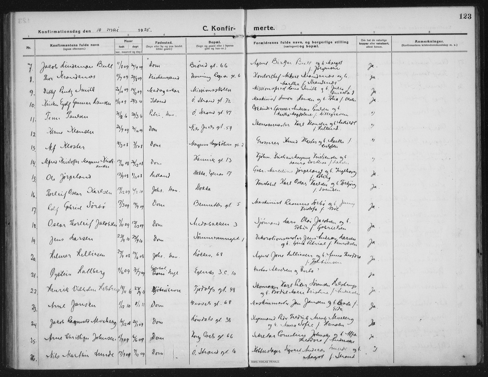 Domkirken sokneprestkontor, AV/SAST-A-101812/002/A/L0019: Ministerialbok nr. A 35, 1916-1932, s. 123