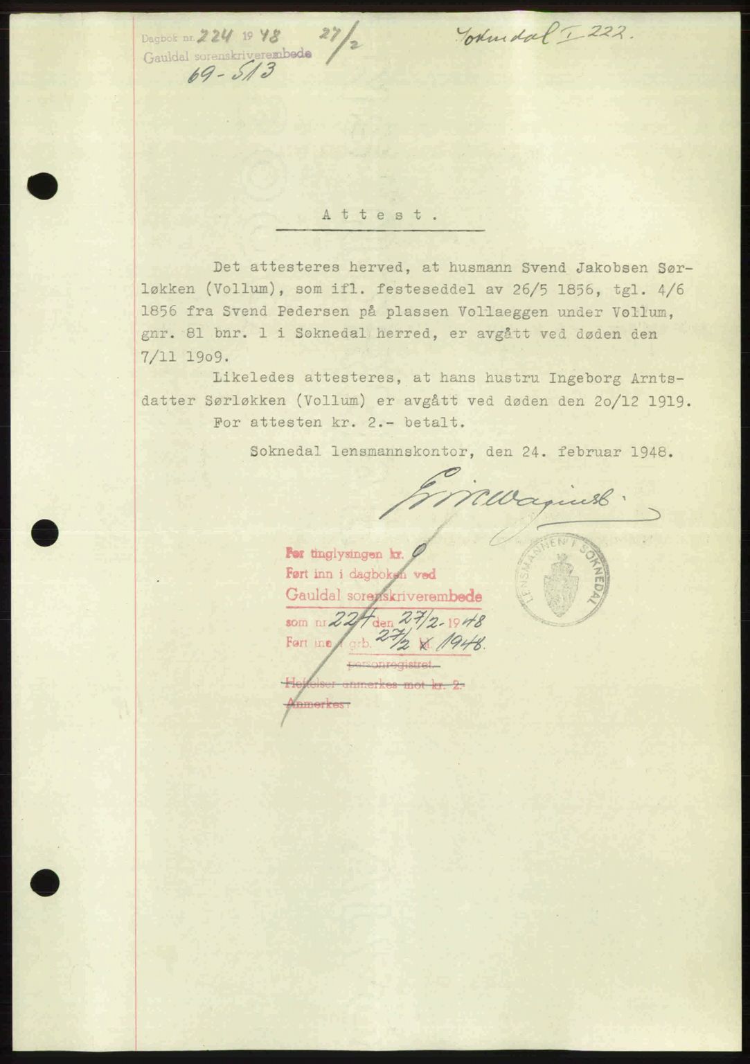 Gauldal sorenskriveri, SAT/A-0014/1/2/2C: Pantebok nr. A5, 1947-1948, Dagboknr: 224/1948