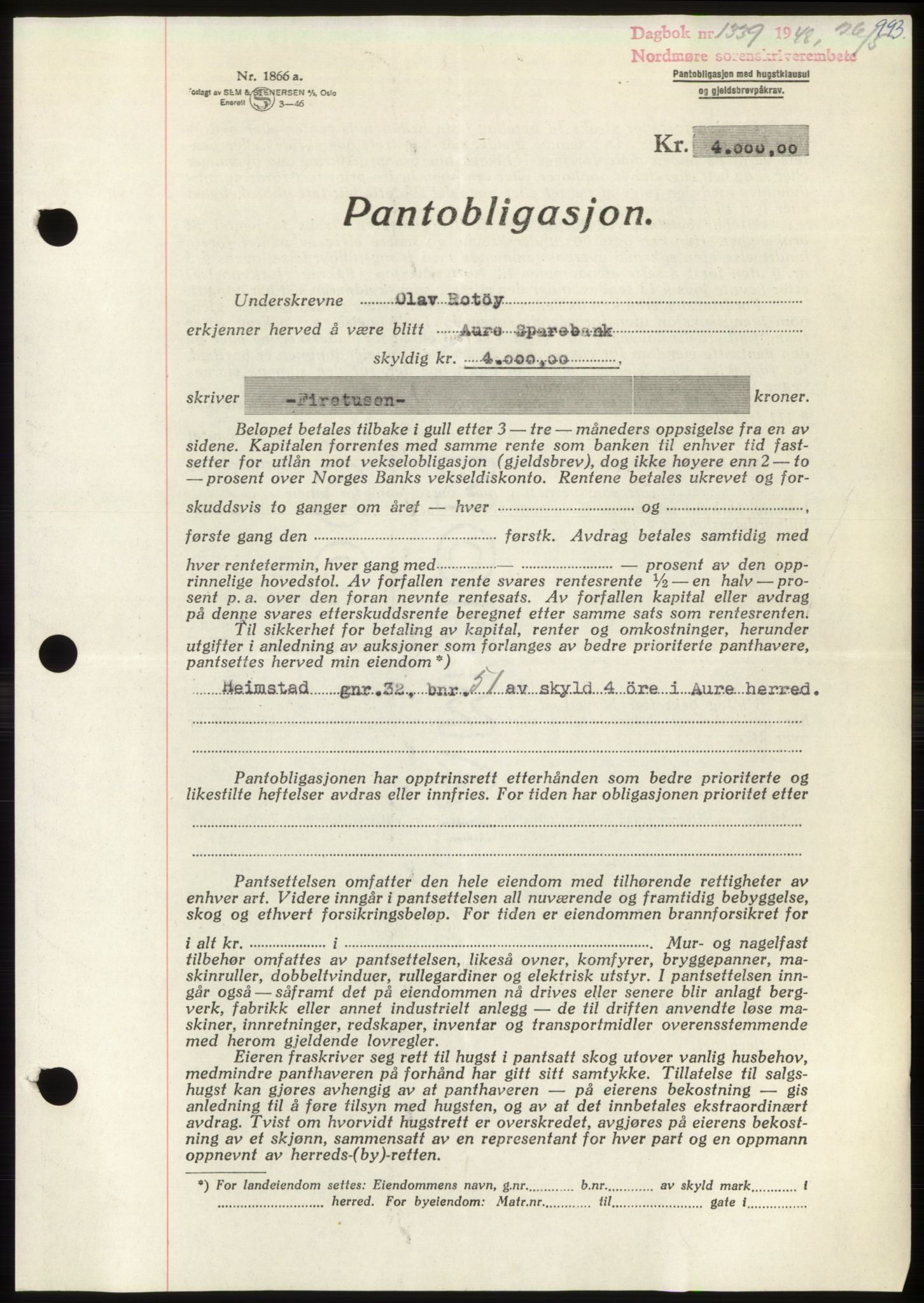 Nordmøre sorenskriveri, SAT/A-4132/1/2/2Ca: Pantebok nr. B98, 1948-1948, Dagboknr: 1339/1948