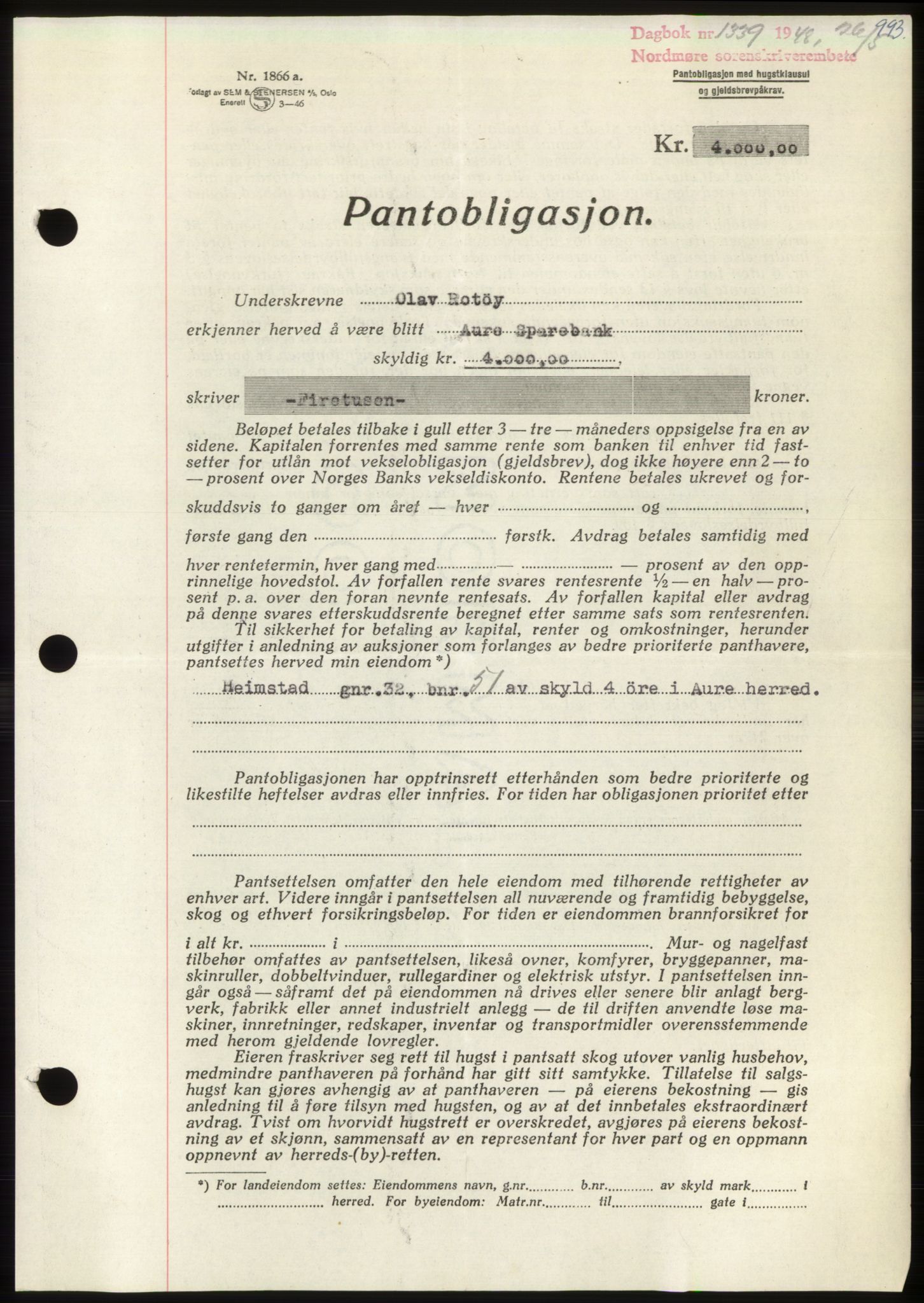 Nordmøre sorenskriveri, AV/SAT-A-4132/1/2/2Ca: Pantebok nr. B98, 1948-1948, Dagboknr: 1339/1948