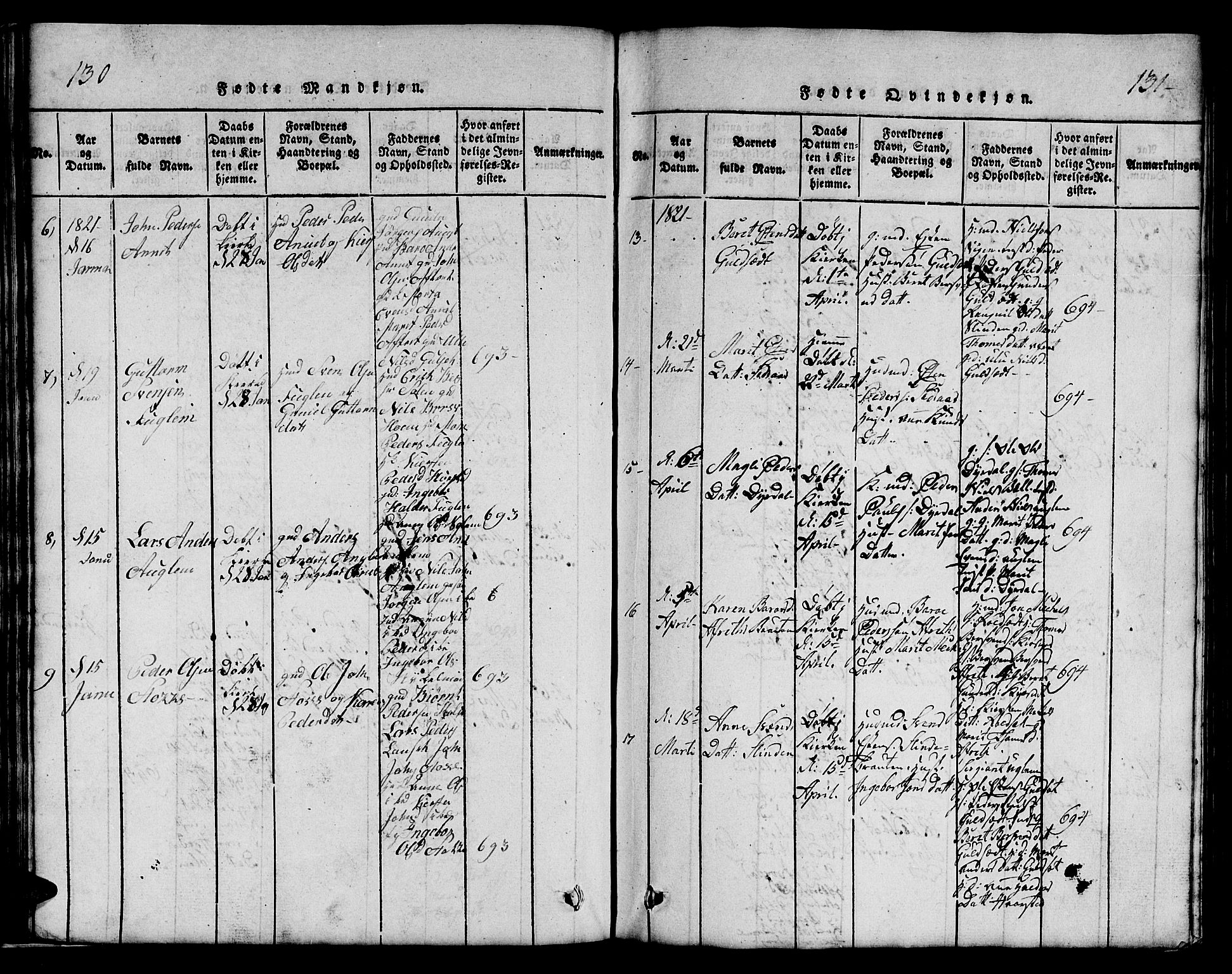 Ministerialprotokoller, klokkerbøker og fødselsregistre - Sør-Trøndelag, SAT/A-1456/695/L1152: Klokkerbok nr. 695C03, 1816-1831, s. 130-131