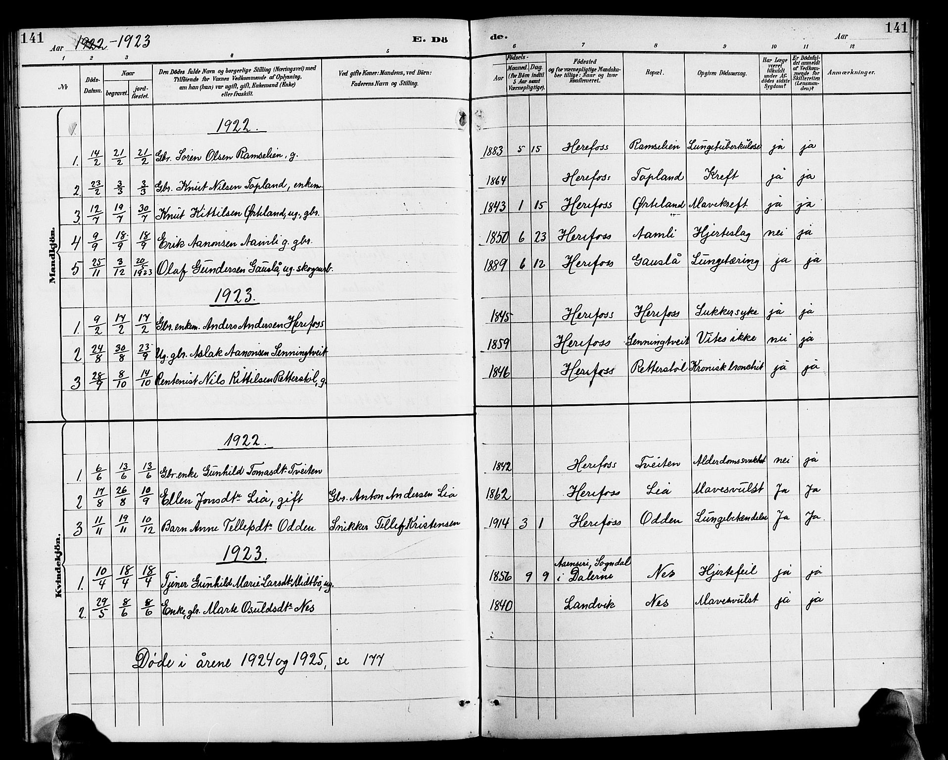 Herefoss sokneprestkontor, AV/SAK-1111-0019/F/Fb/Fba/L0003: Klokkerbok nr. B 3, 1887-1925, s. 141