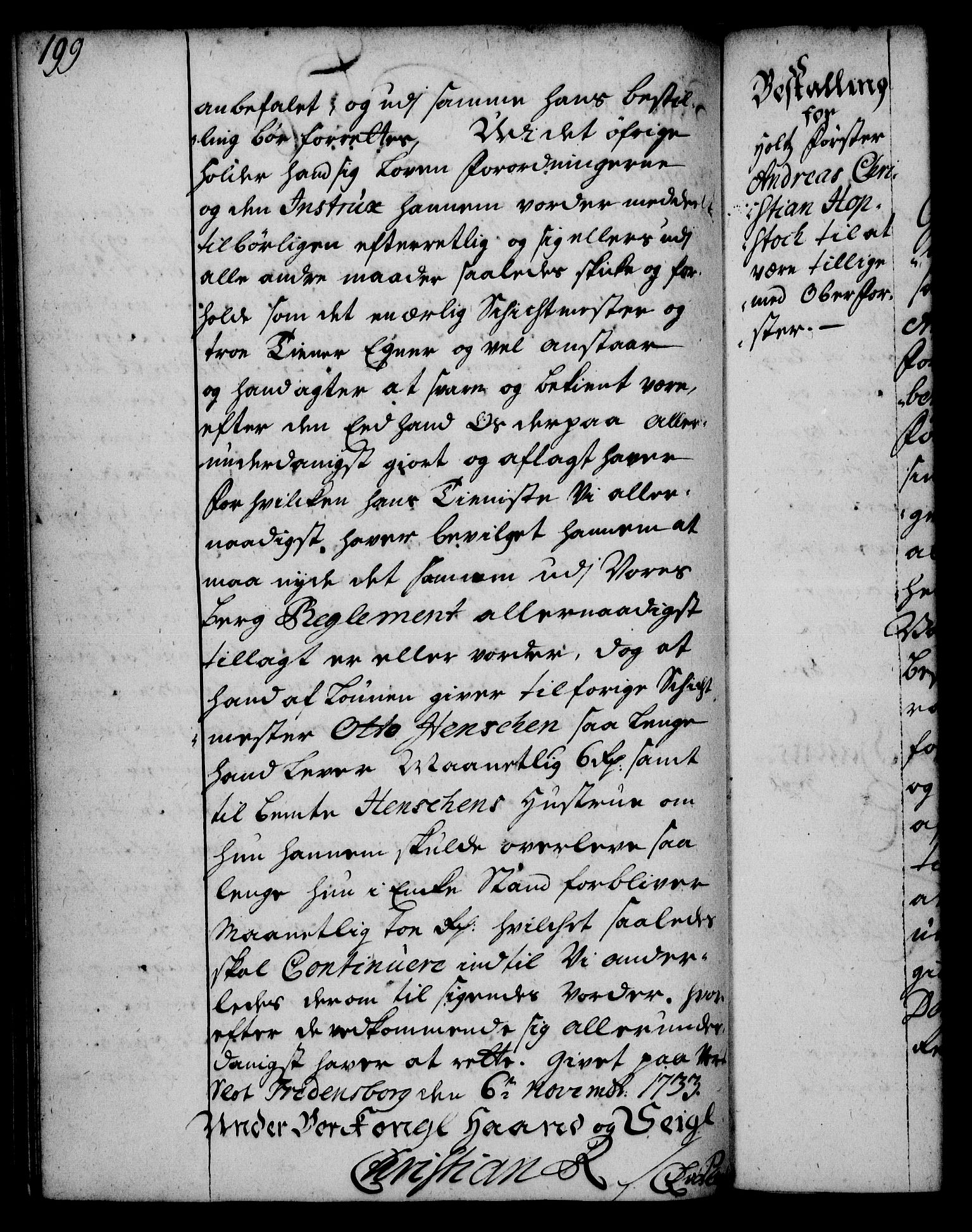 Rentekammeret, Kammerkanselliet, RA/EA-3111/G/Gg/Gge/L0002: Norsk bestallingsprotokoll med register (merket RK 53.26), 1730-1744, s. 199