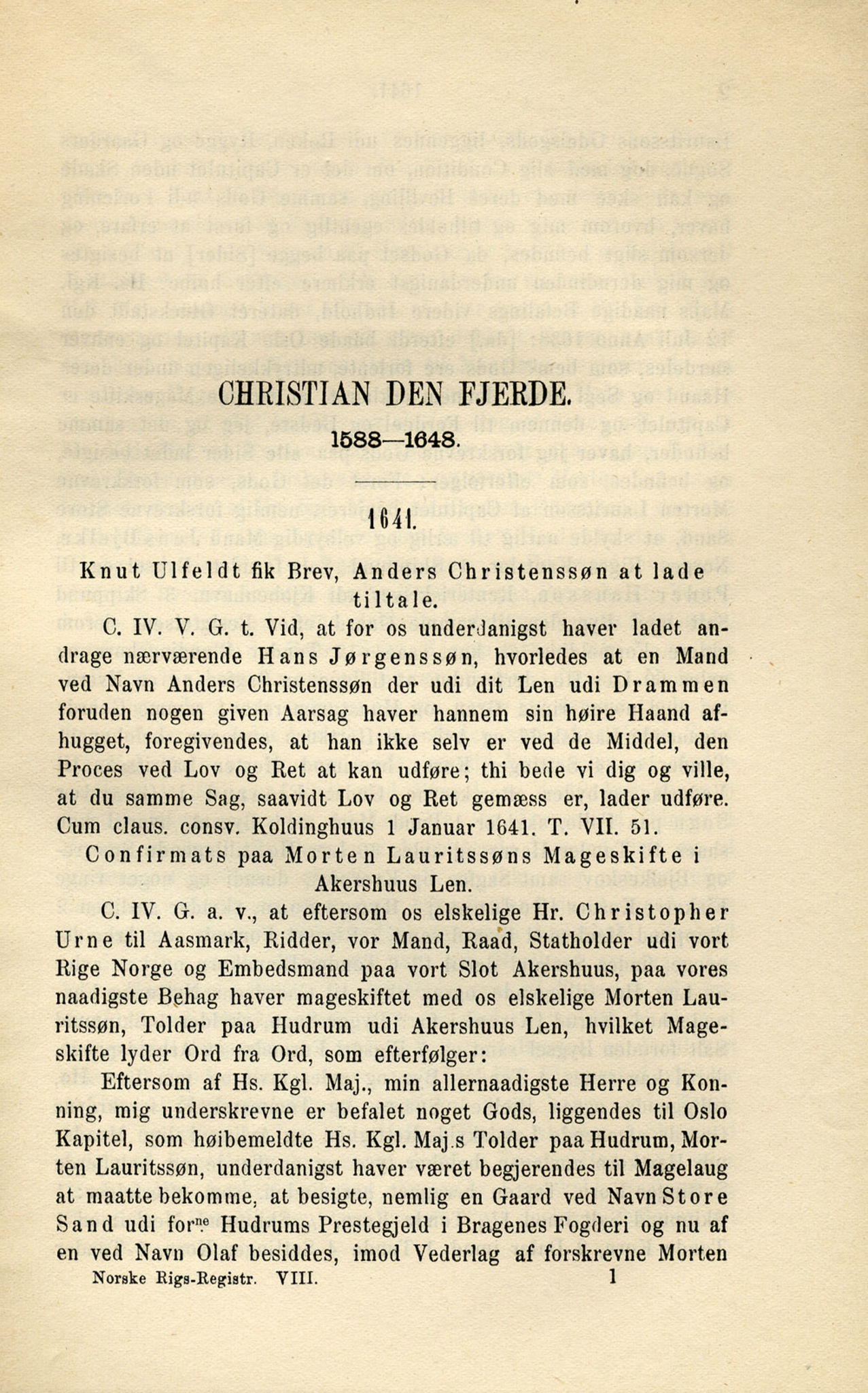 Publikasjoner utgitt av Det Norske Historiske Kildeskriftfond, PUBL/-/-/-: Norske Rigs-Registranter, bind 8, 1641-1648, s. 1