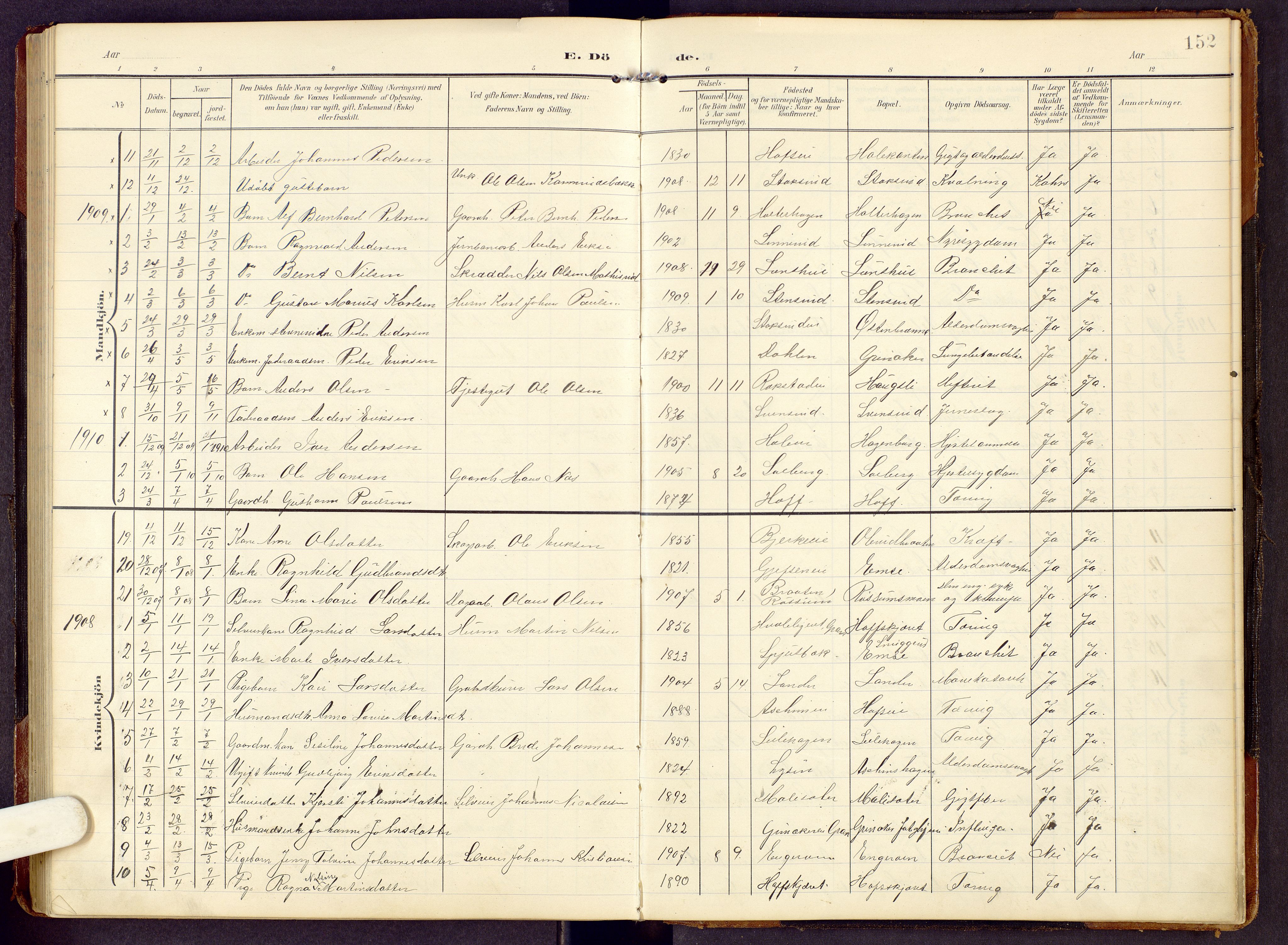 Brandbu prestekontor, AV/SAH-PREST-114/H/Ha/Hab/L0009: Klokkerbok nr. 9, 1903-1916, s. 152
