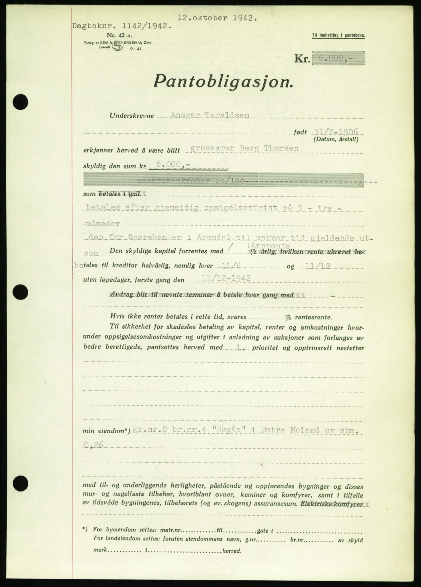 Nedenes sorenskriveri, SAK/1221-0006/G/Gb/Gbb/L0002: Pantebok nr. II, 1942-1945, Dagboknr: 1142/1942