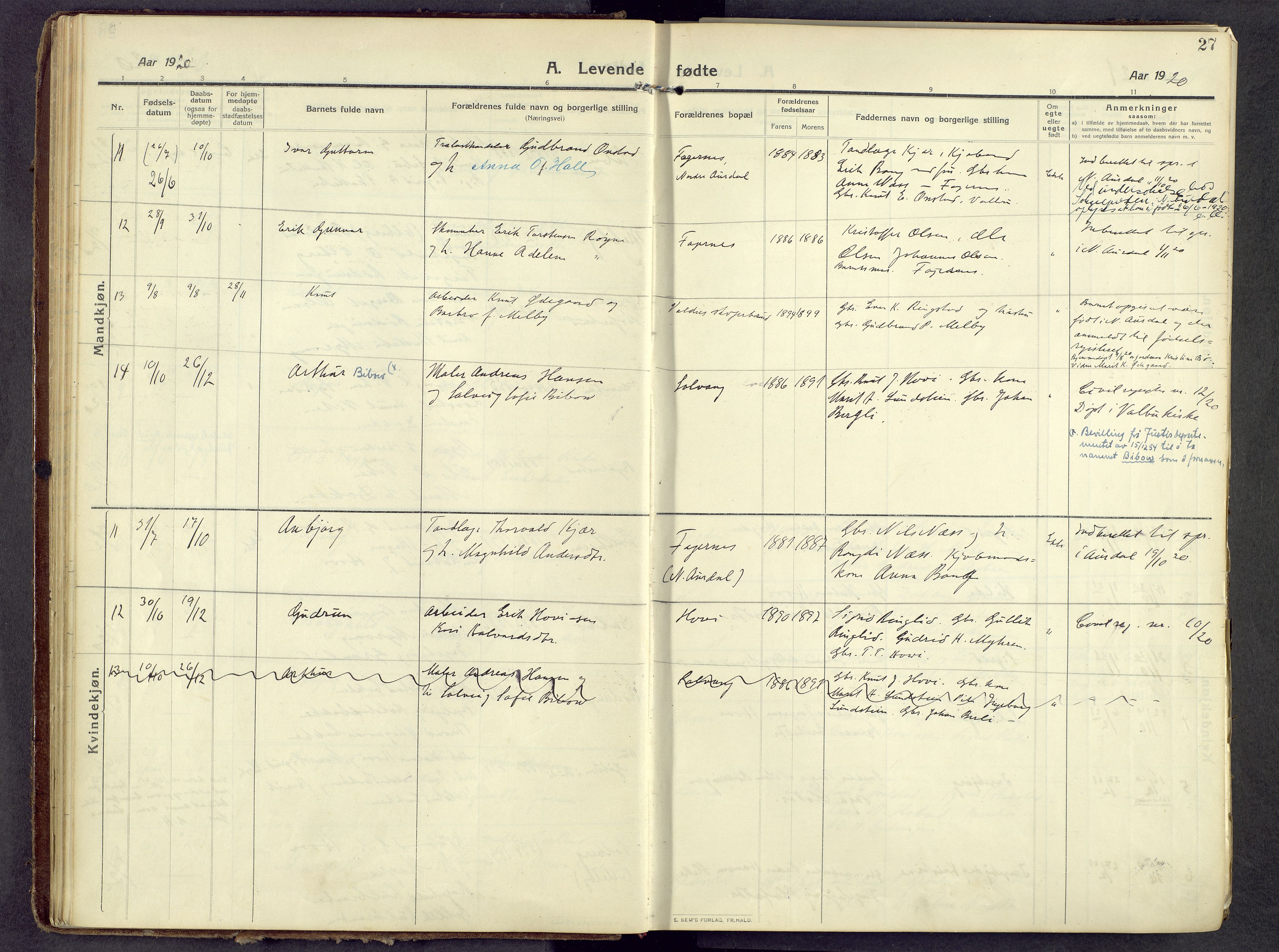 Øystre Slidre prestekontor, AV/SAH-PREST-138/H/Ha/Haa/L0006: Ministerialbok nr. 6, 1911-1931, s. 27