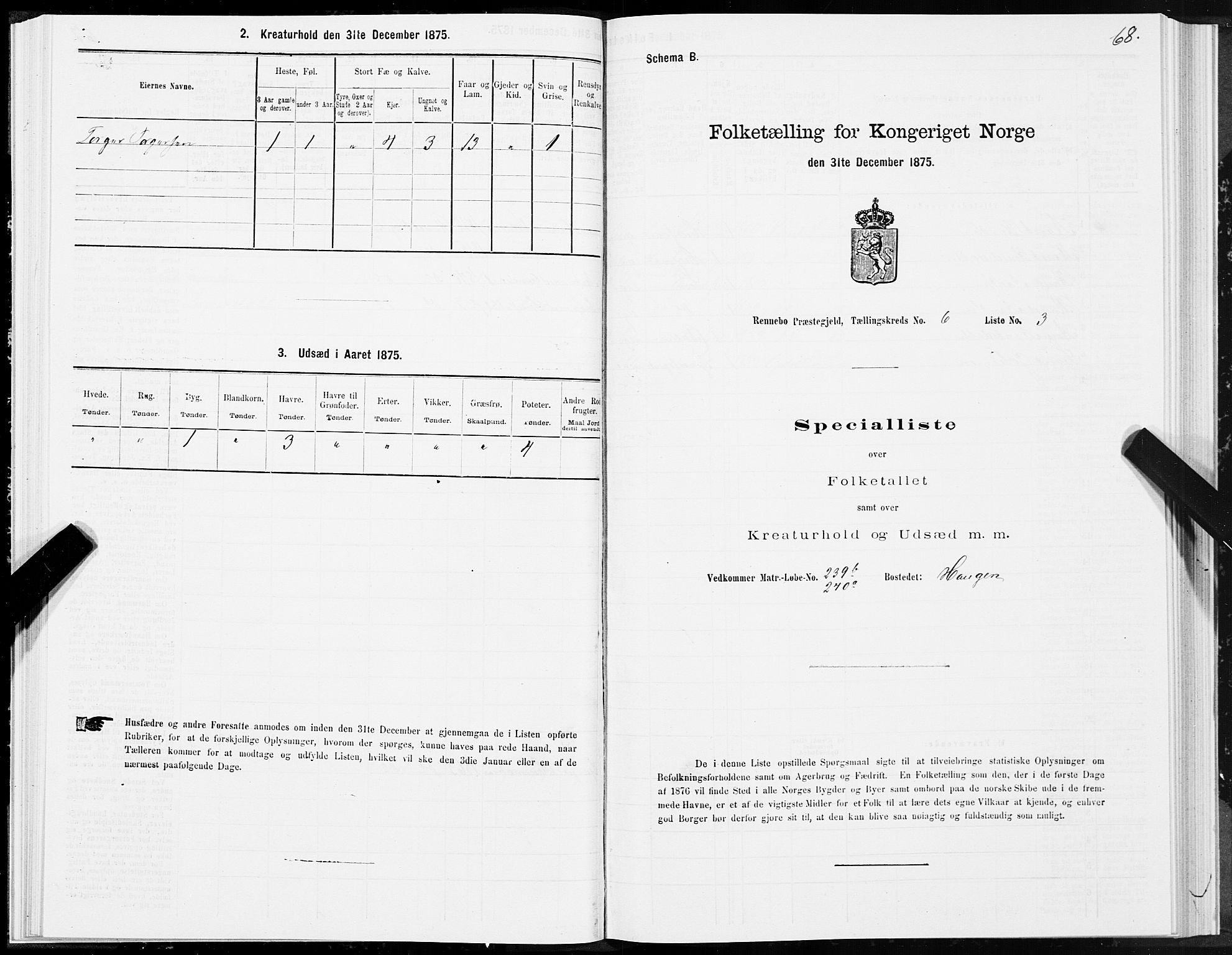 SAT, Folketelling 1875 for 1635P Rennebu prestegjeld, 1875, s. 3068