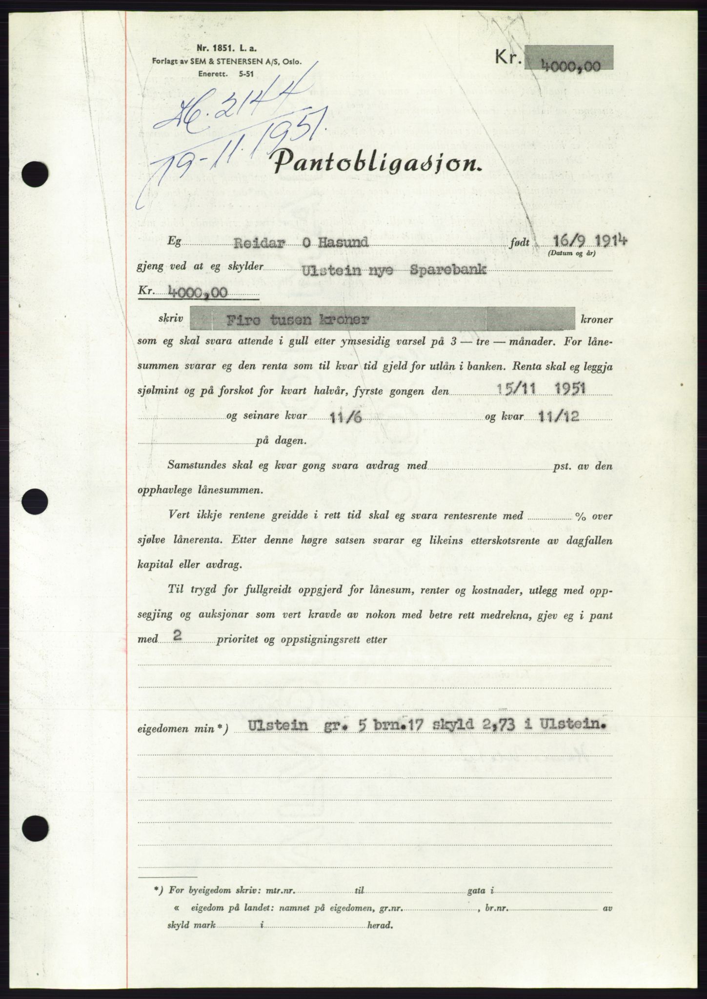 Søre Sunnmøre sorenskriveri, SAT/A-4122/1/2/2C/L0120: Pantebok nr. 8B, 1951-1951, Dagboknr: 2144/1951