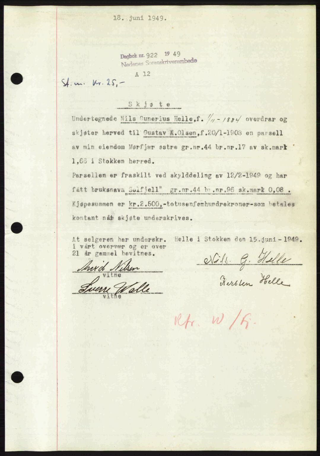 Nedenes sorenskriveri, AV/SAK-1221-0006/G/Gb/Gba/L0060: Pantebok nr. A12, 1948-1949, Dagboknr: 922/1949