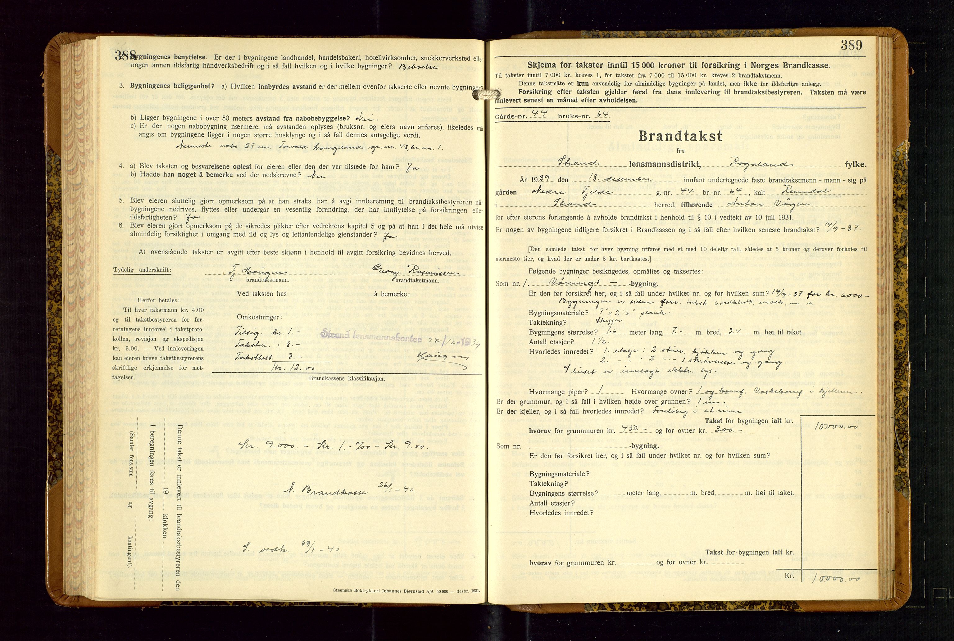 Strand og Forsand lensmannskontor, AV/SAST-A-100451/Gob/L0001: Branntakstprotokoll, 1935-1942, s. 388-389