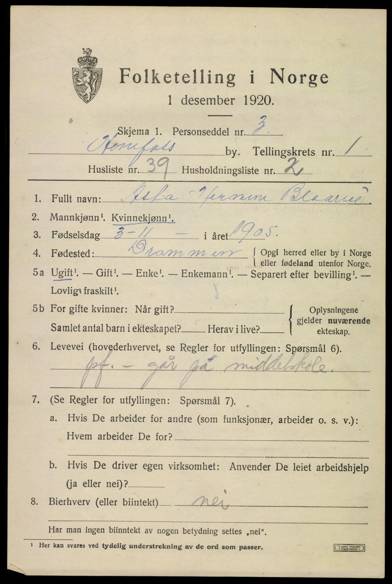 SAKO, Folketelling 1920 for 0601 Hønefoss kjøpstad, 1920, s. 3062