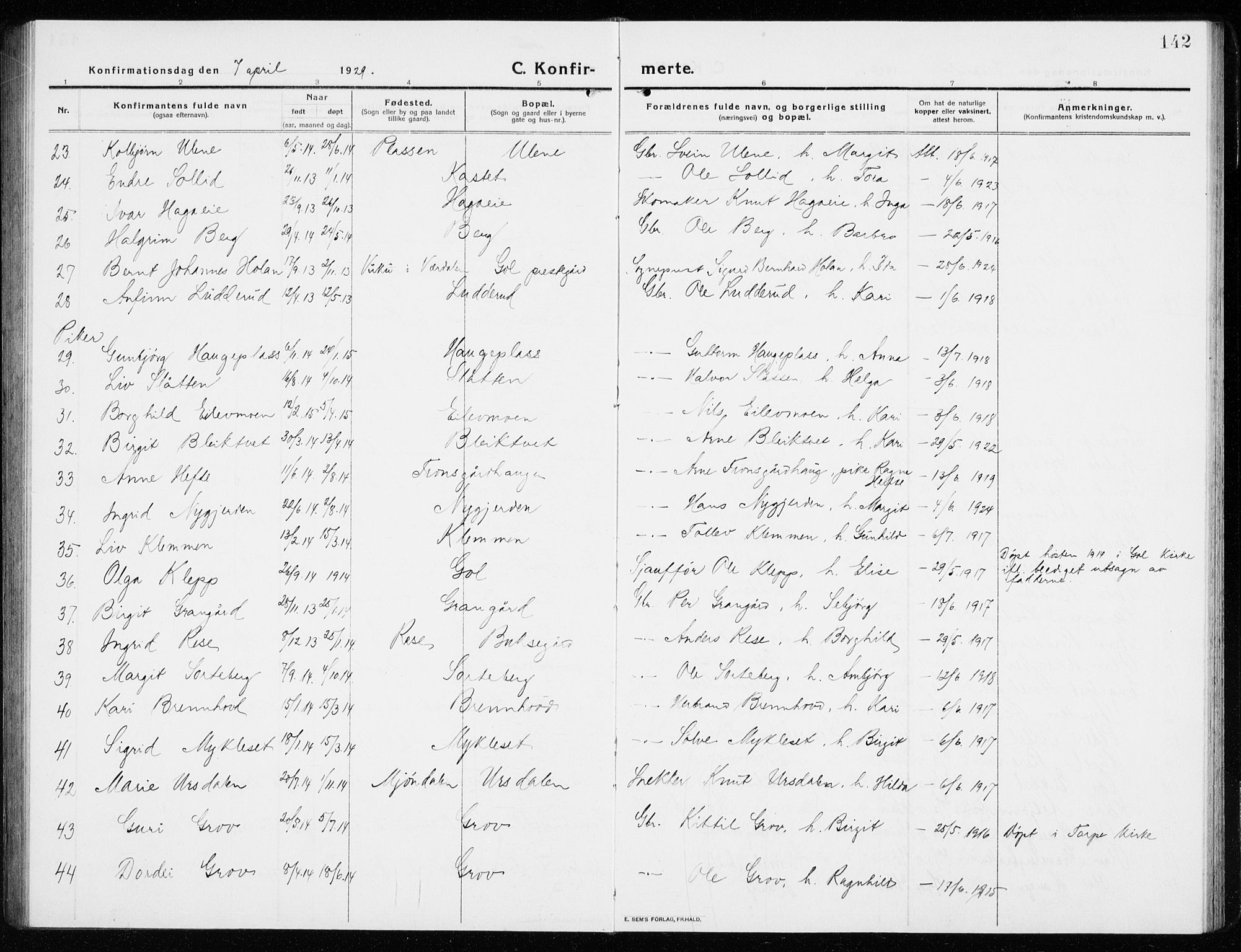 Gol kirkebøker, AV/SAKO-A-226/G/Ga/L0004: Klokkerbok nr. I 4, 1915-1943, s. 142