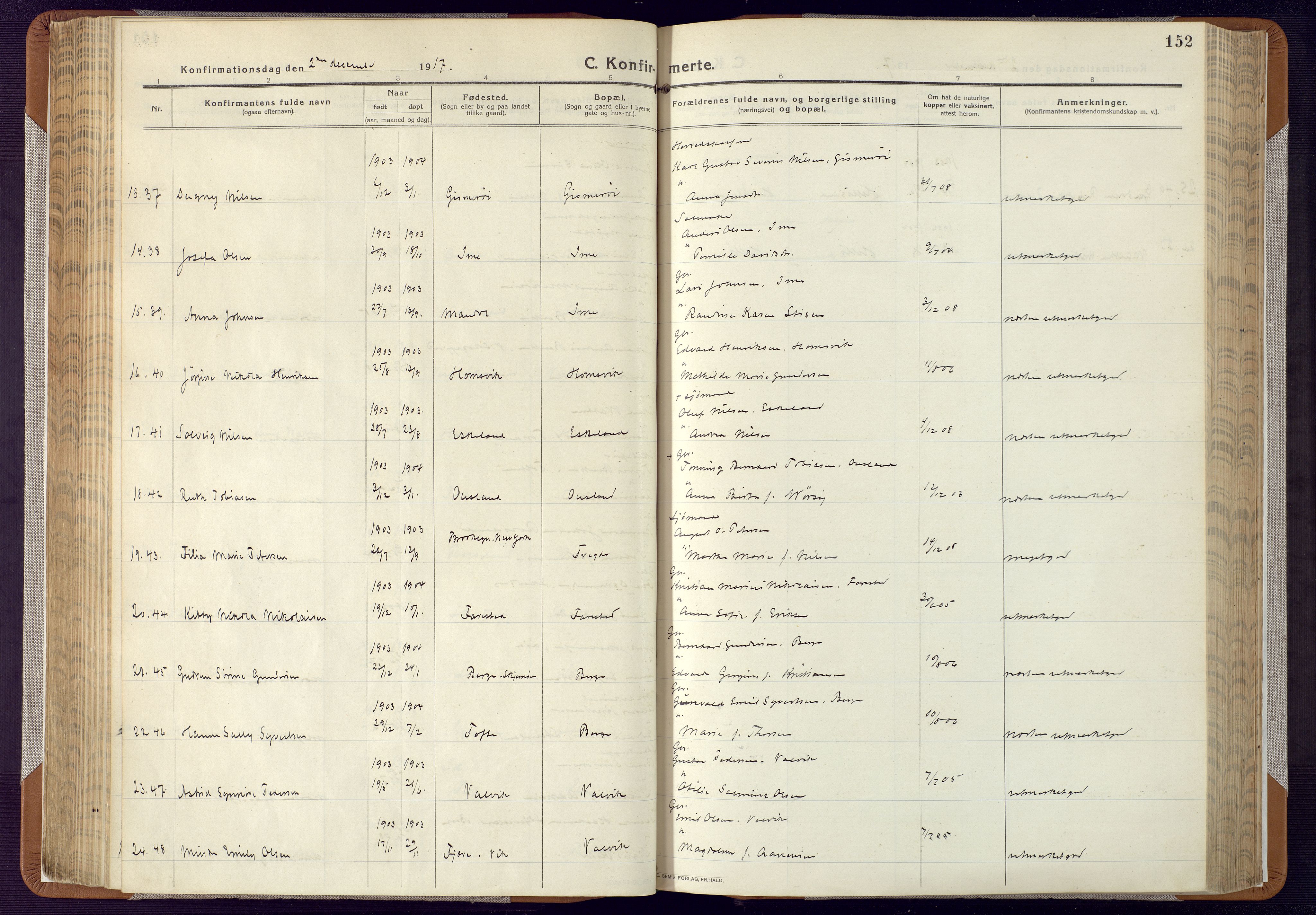 Mandal sokneprestkontor, AV/SAK-1111-0030/F/Fa/Faa/L0022: Ministerialbok nr. A 22, 1913-1925, s. 152