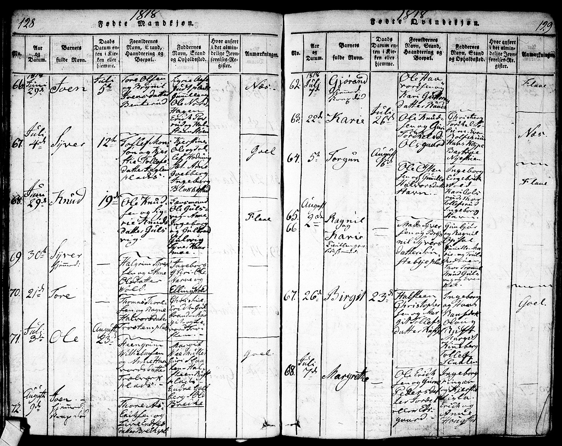 Nes kirkebøker, AV/SAKO-A-236/F/Fa/L0007: Ministerialbok nr. 7, 1815-1823, s. 128-129