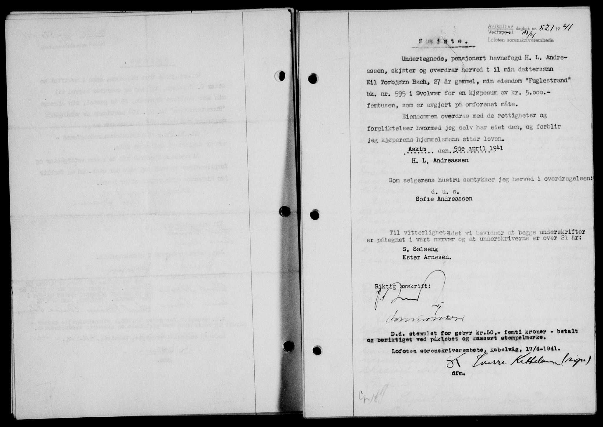 Lofoten sorenskriveri, SAT/A-0017/1/2/2C/L0008a: Pantebok nr. 8a, 1940-1941, Dagboknr: 521/1941