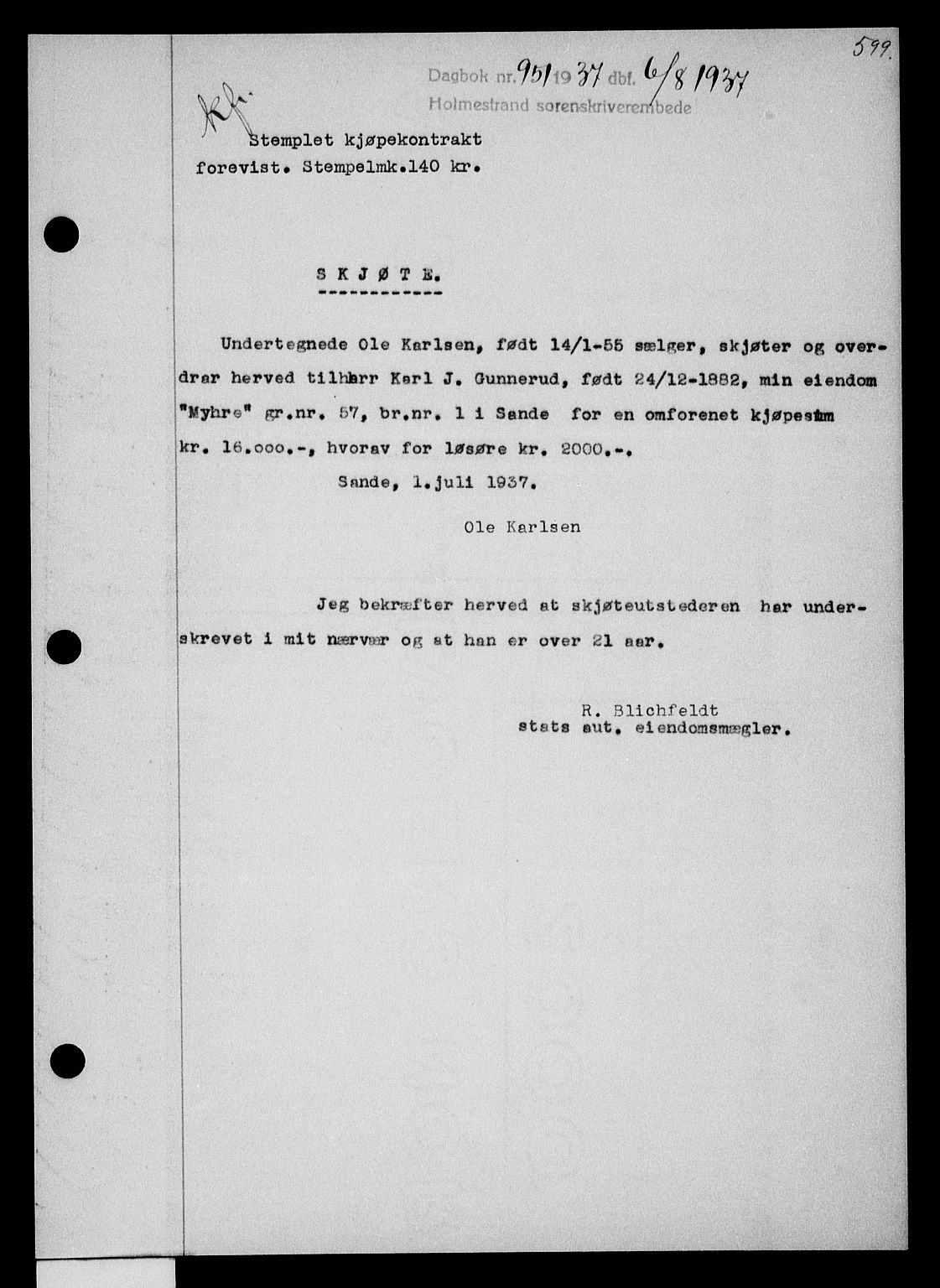 Holmestrand sorenskriveri, SAKO/A-67/G/Ga/Gaa/L0048: Pantebok nr. A-48, 1936-1937, Dagboknr: 951/1937