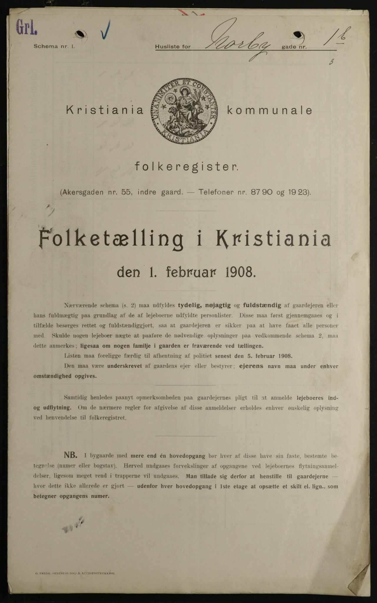 OBA, Kommunal folketelling 1.2.1908 for Kristiania kjøpstad, 1908, s. 64097