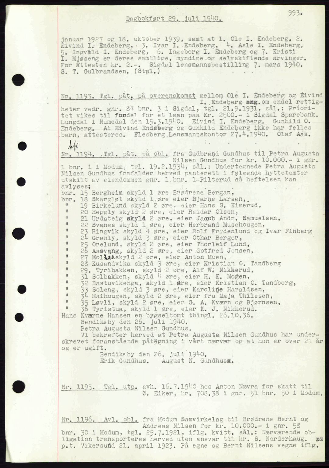 Eiker, Modum og Sigdal sorenskriveri, SAKO/A-123/G/Ga/Gab/L0041: Pantebok nr. A11, 1939-1940, Dagboknr: 1193/1940