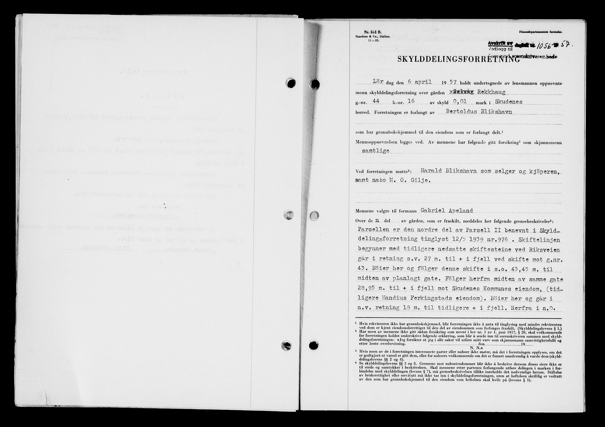 Karmsund sorenskriveri, SAST/A-100311/01/II/IIB/L0124: Pantebok nr. 104A, 1957-1957, Dagboknr: 1056/1957