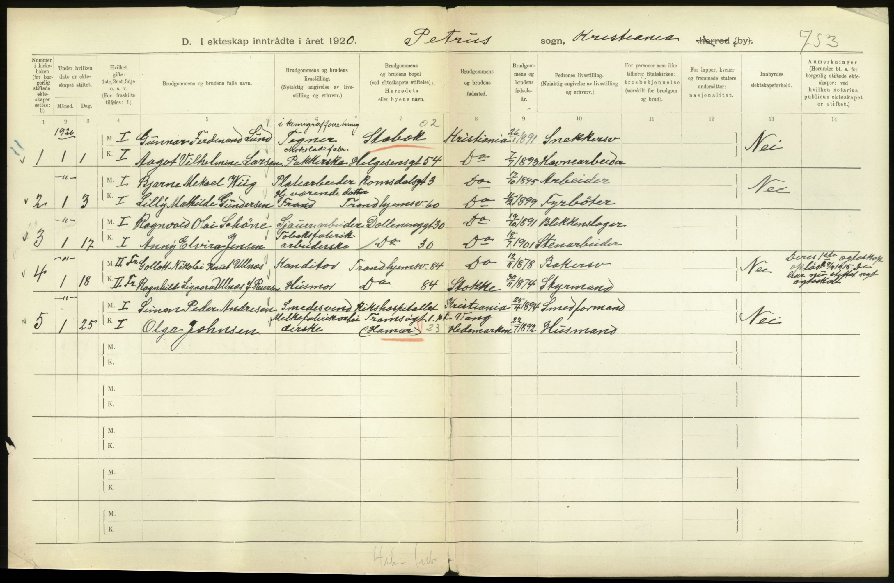 Statistisk sentralbyrå, Sosiodemografiske emner, Befolkning, AV/RA-S-2228/D/Df/Dfb/Dfbj/L0011: Kristiania: Gifte, 1920