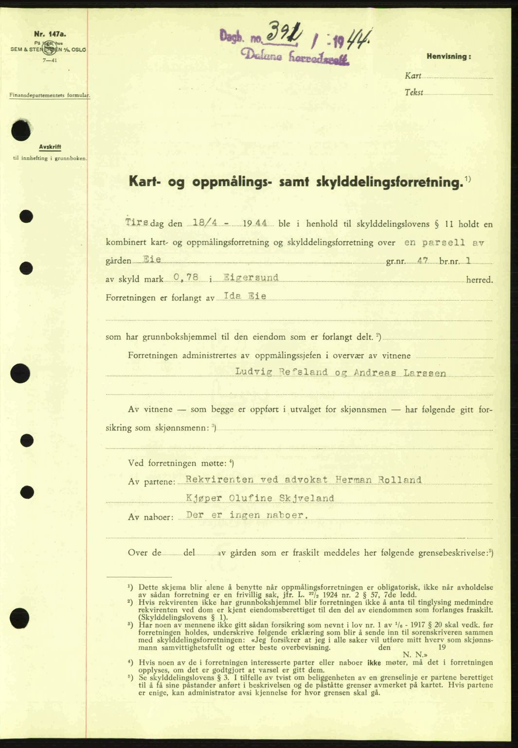 Dalane sorenskriveri, SAST/A-100309/02/G/Gb/L0047: Pantebok nr. A8 I, 1944-1945, Dagboknr: 391/1944