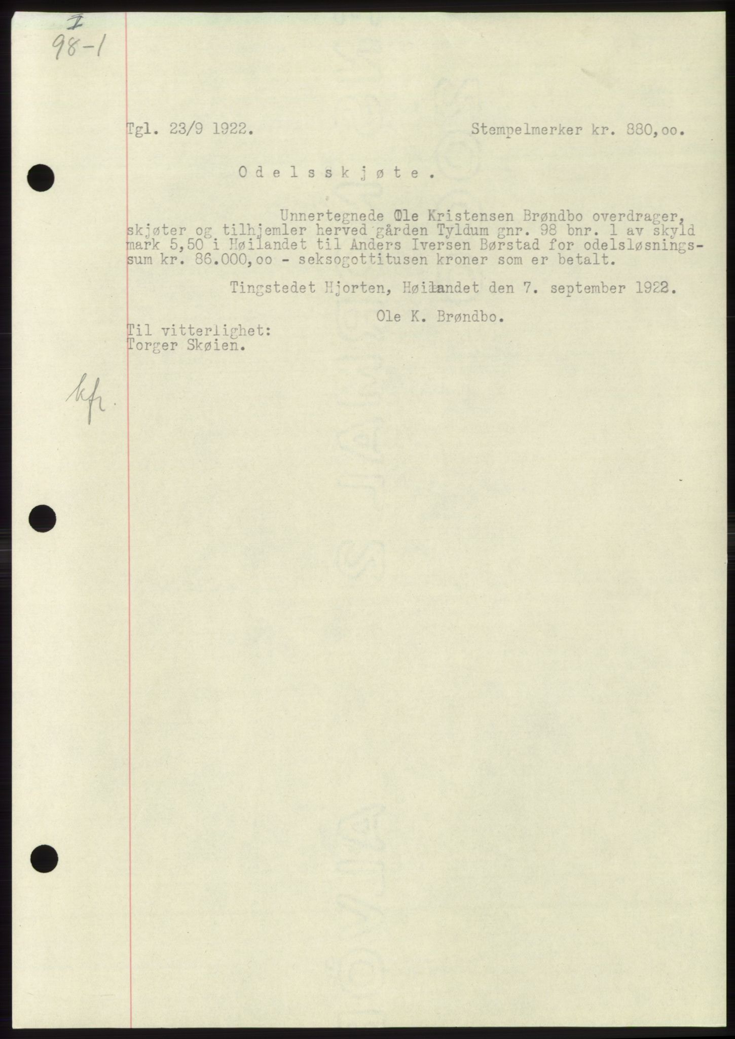 Namdal sorenskriveri, SAT/A-4133/1/2/2C: Pantebok nr. -, 1922-1925, Tingl.dato: 23.09.1922