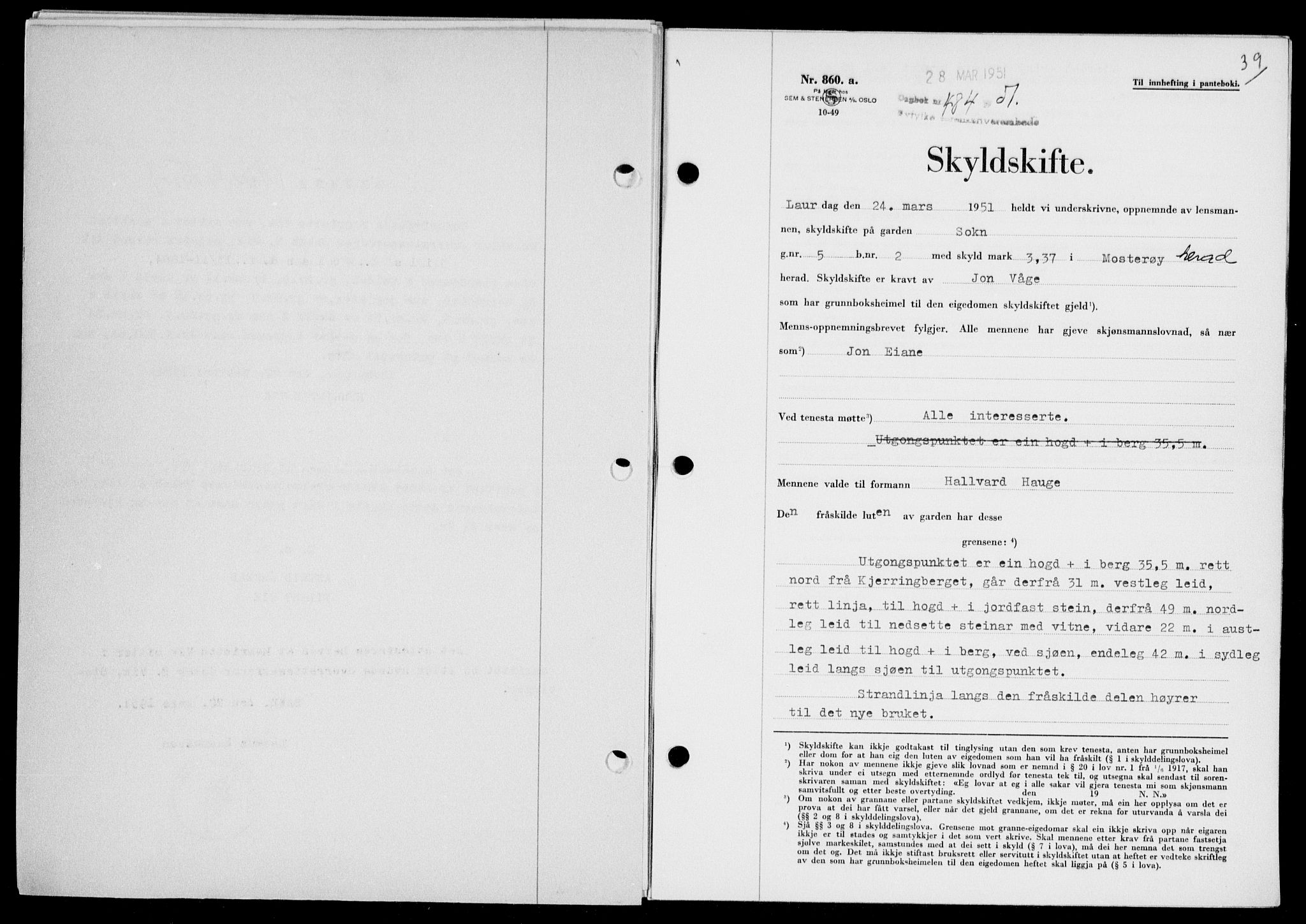 Ryfylke tingrett, SAST/A-100055/001/II/IIB/L0113: Pantebok nr. 92, 1951-1951, Dagboknr: 484/1951