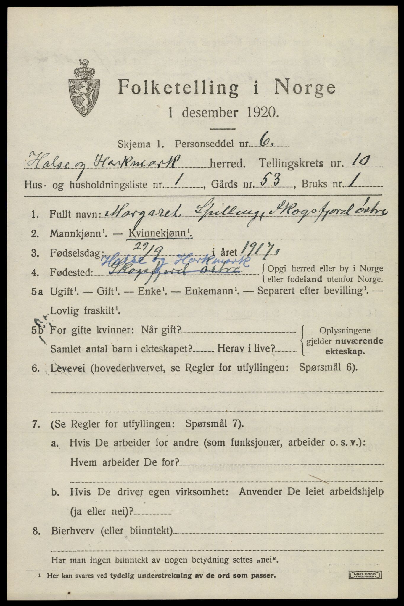 SAK, Folketelling 1920 for 1019 Halse og Harkmark herred, 1920, s. 5619