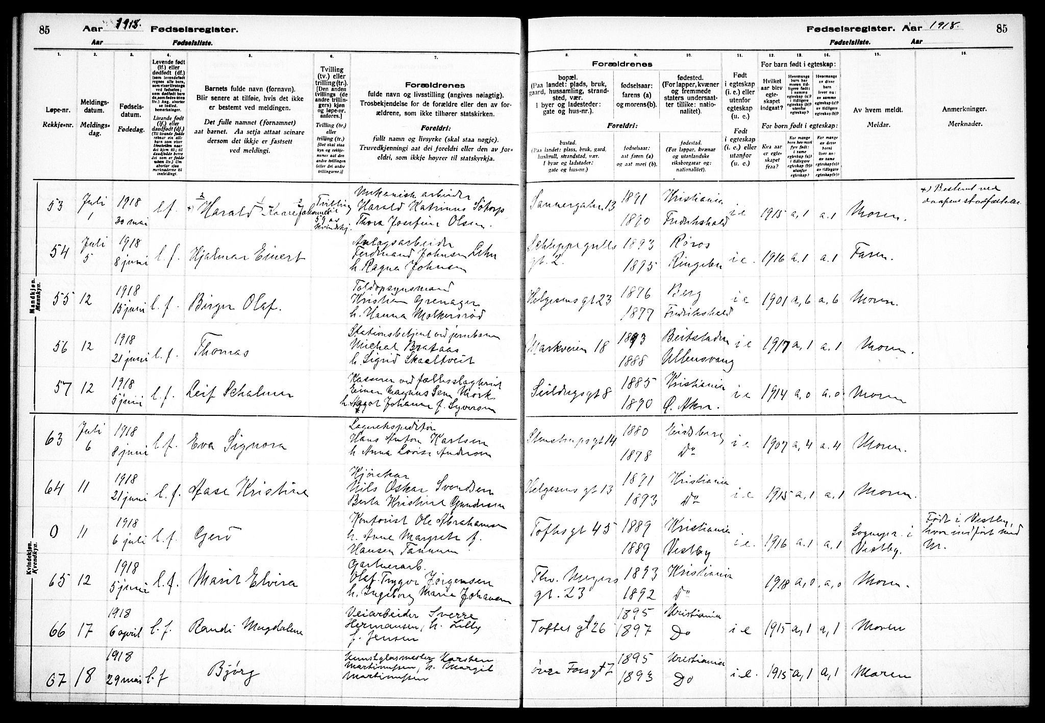 Paulus prestekontor Kirkebøker, AV/SAO-A-10871/J/Ja/L0001: Fødselsregister nr. 1, 1916-1923, s. 85