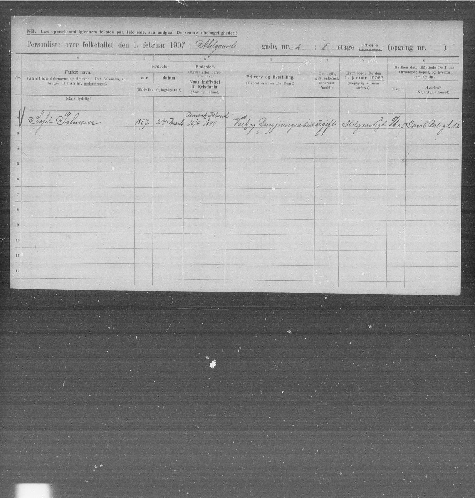 OBA, Kommunal folketelling 1.2.1907 for Kristiania kjøpstad, 1907, s. 5