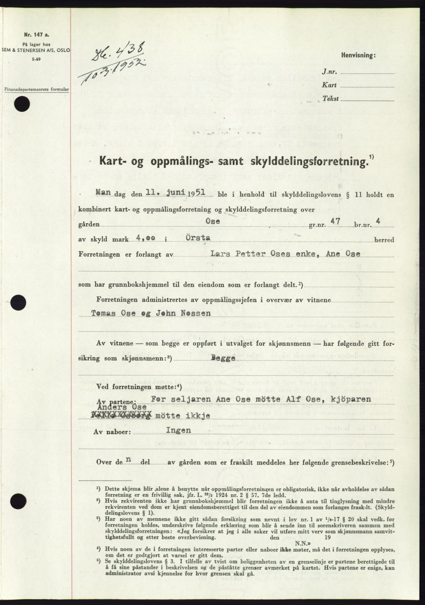 Søre Sunnmøre sorenskriveri, SAT/A-4122/1/2/2C/L0091: Pantebok nr. 17A, 1951-1952, Dagboknr: 438/1952