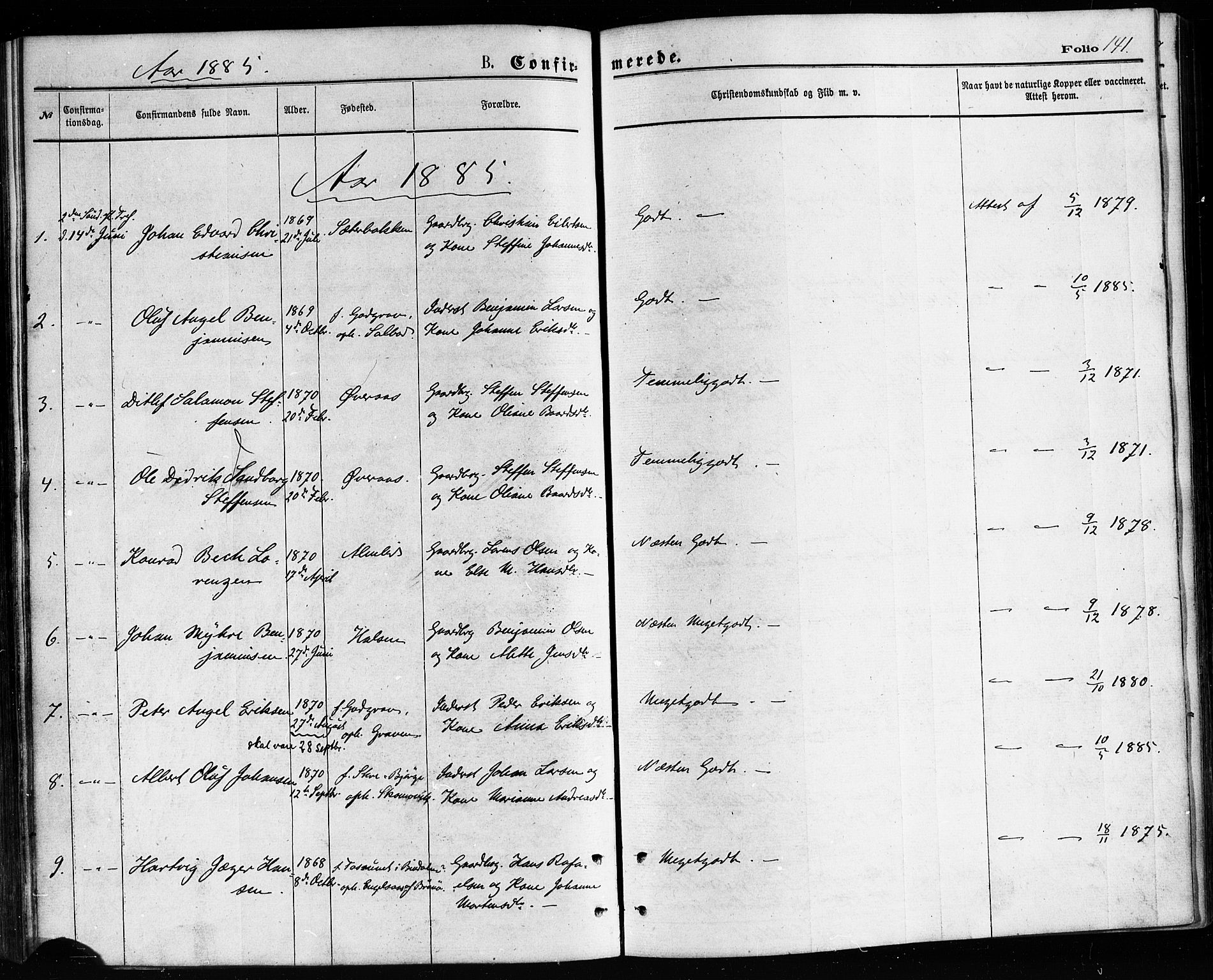 Ministerialprotokoller, klokkerbøker og fødselsregistre - Nordland, SAT/A-1459/814/L0225: Ministerialbok nr. 814A06, 1875-1885, s. 141