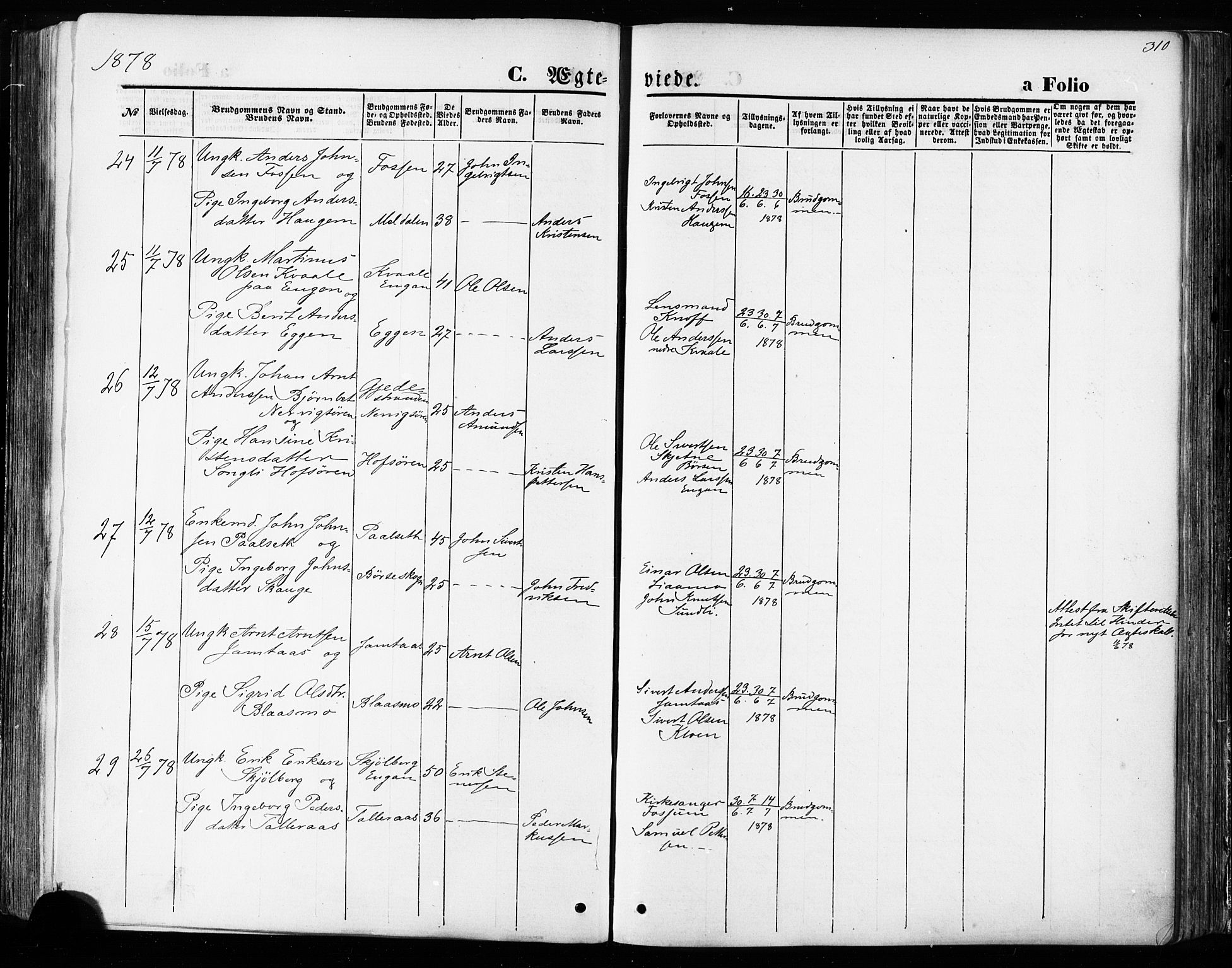 Ministerialprotokoller, klokkerbøker og fødselsregistre - Sør-Trøndelag, SAT/A-1456/668/L0807: Ministerialbok nr. 668A07, 1870-1880, s. 310