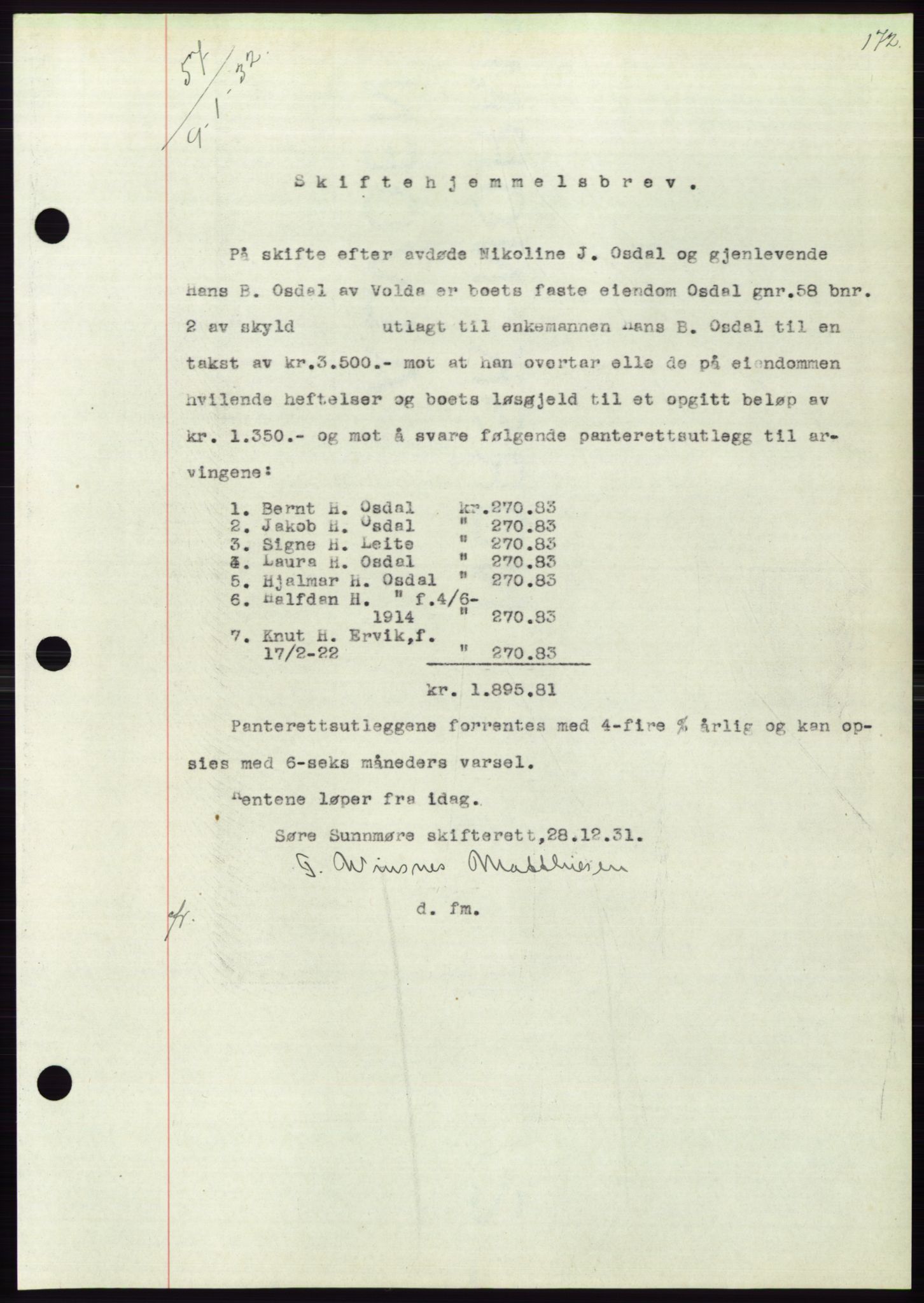 Søre Sunnmøre sorenskriveri, AV/SAT-A-4122/1/2/2C/L0053: Pantebok nr. 47, 1931-1932, Tingl.dato: 09.01.1932