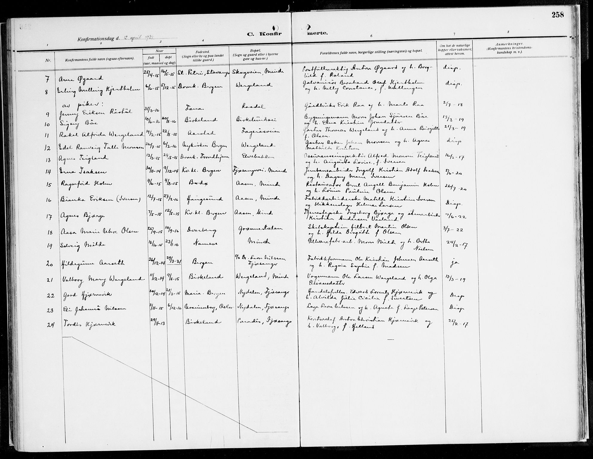 Fana Sokneprestembete, AV/SAB-A-75101/H/Haa/Haaj/L0001: Ministerialbok nr. J 1, 1921-1935, s. 258