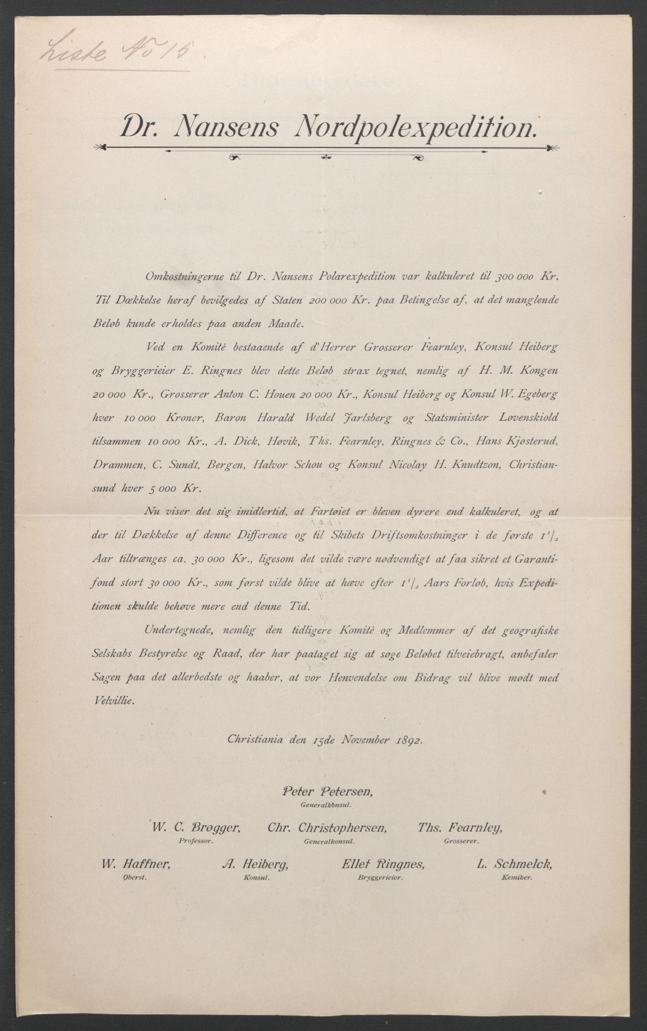 Arbeidskomitéen for Fridtjof Nansens polarekspedisjon, AV/RA-PA-0061/D/L0001/0003: Pengeinnsamlingen / Bidragslister med følgebrev, 1892-1893, s. 20