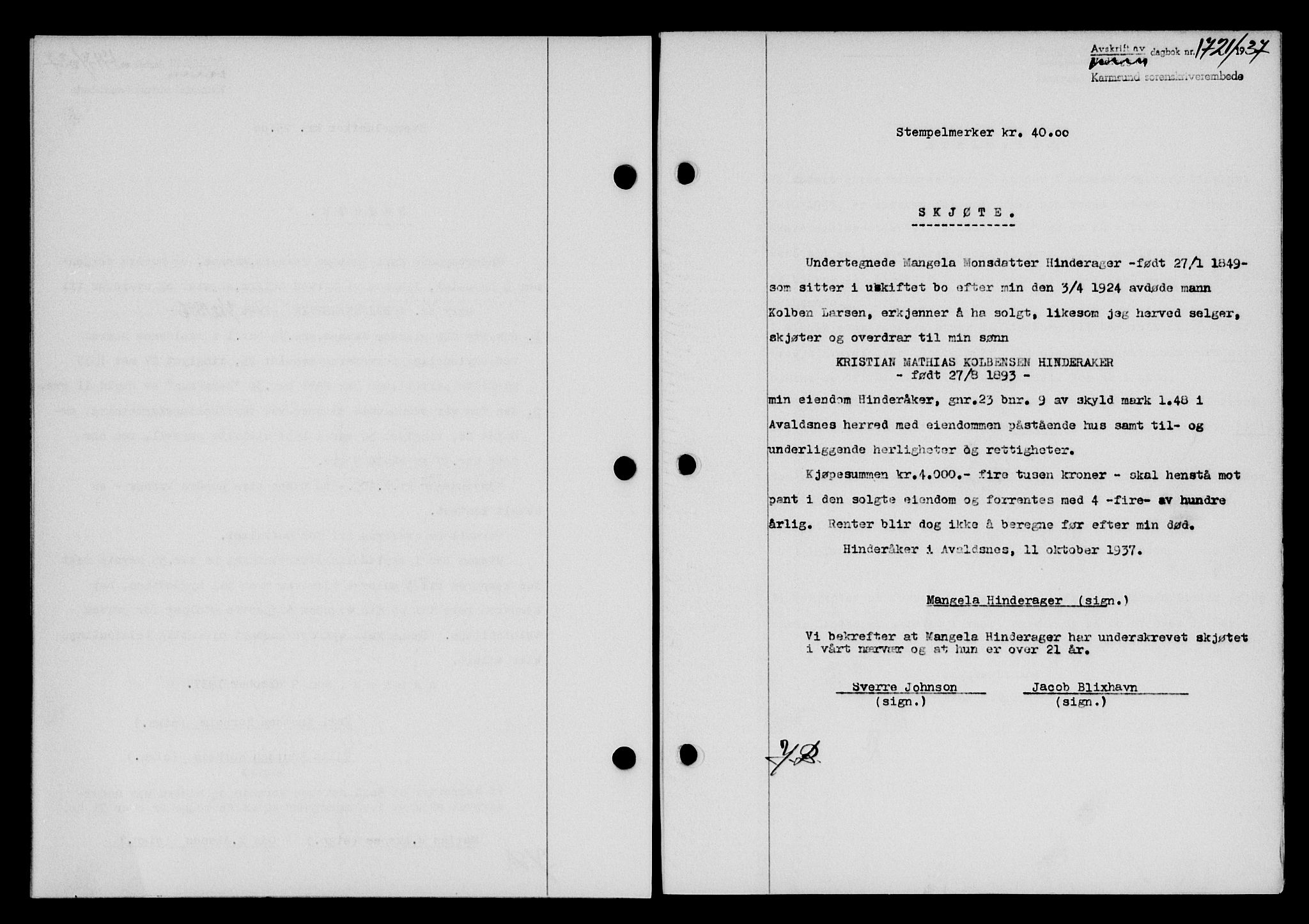 Karmsund sorenskriveri, SAST/A-100311/01/II/IIB/L0068: Pantebok nr. 49A, 1937-1937, Dagboknr: 1721/1937