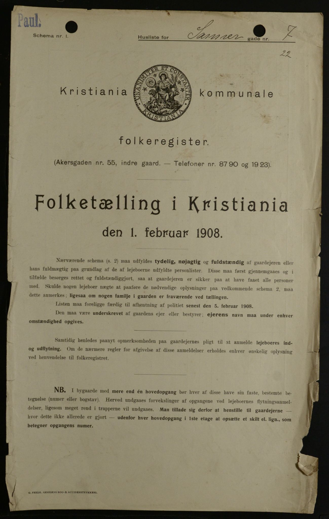 OBA, Kommunal folketelling 1.2.1908 for Kristiania kjøpstad, 1908, s. 79731