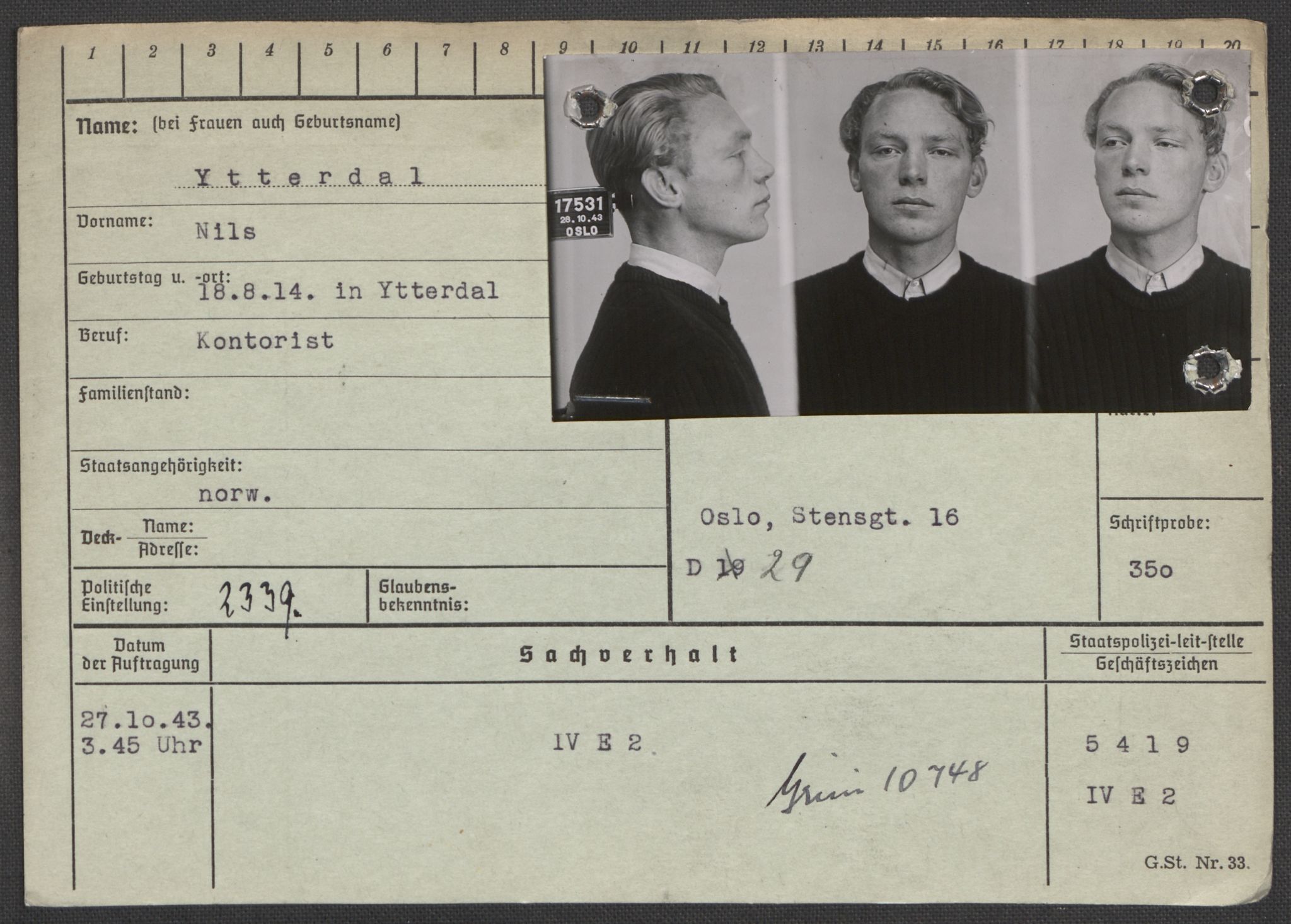 Befehlshaber der Sicherheitspolizei und des SD, AV/RA-RAFA-5969/E/Ea/Eaa/L0010: Register over norske fanger i Møllergata 19: Sø-Å, 1940-1945, s. 1168