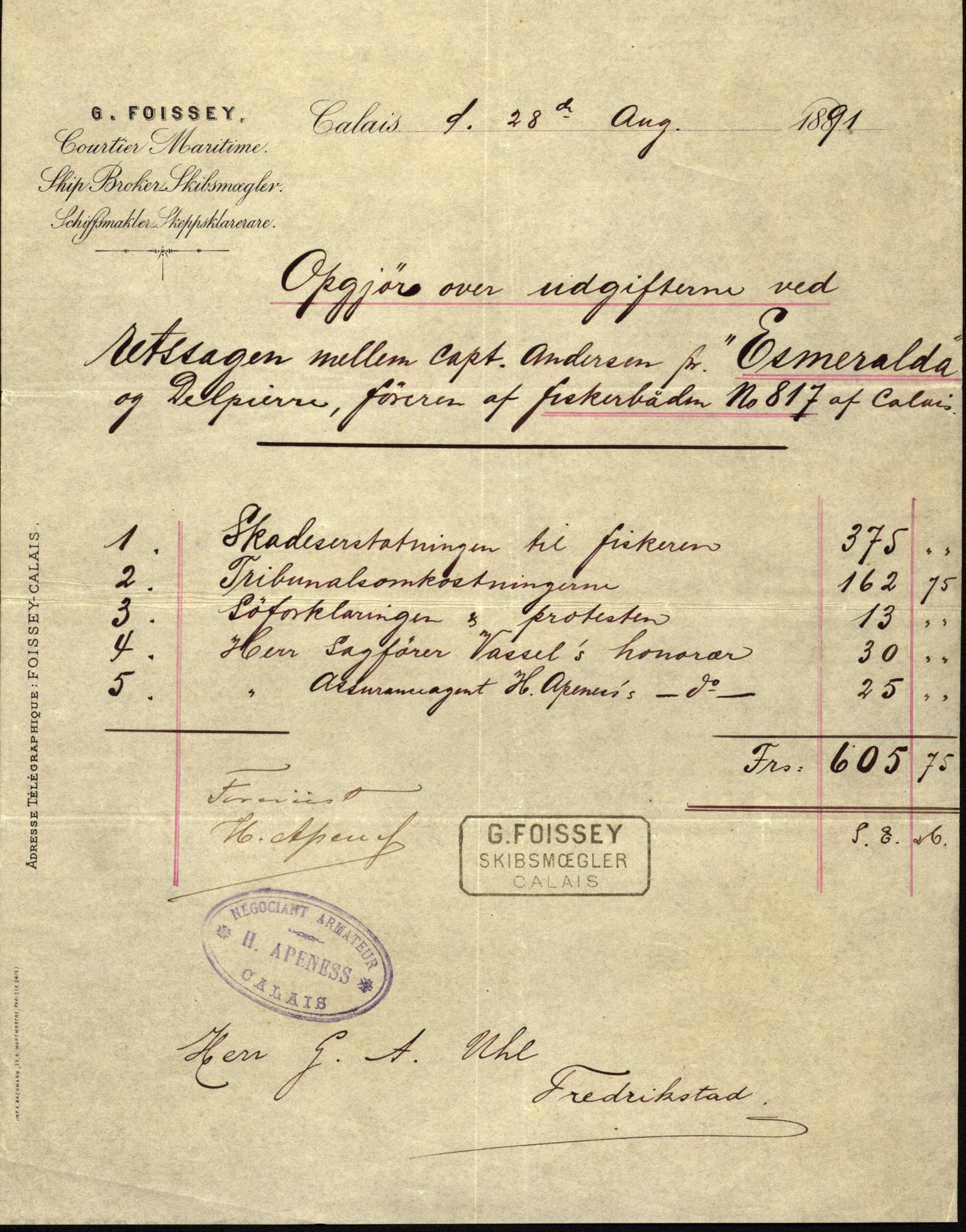 Pa 63 - Østlandske skibsassuranceforening, VEMU/A-1079/G/Ga/L0027/0008: Havaridokumenter / Minnie, Esmeralda, Emil, Emmeline, 1891, s. 26