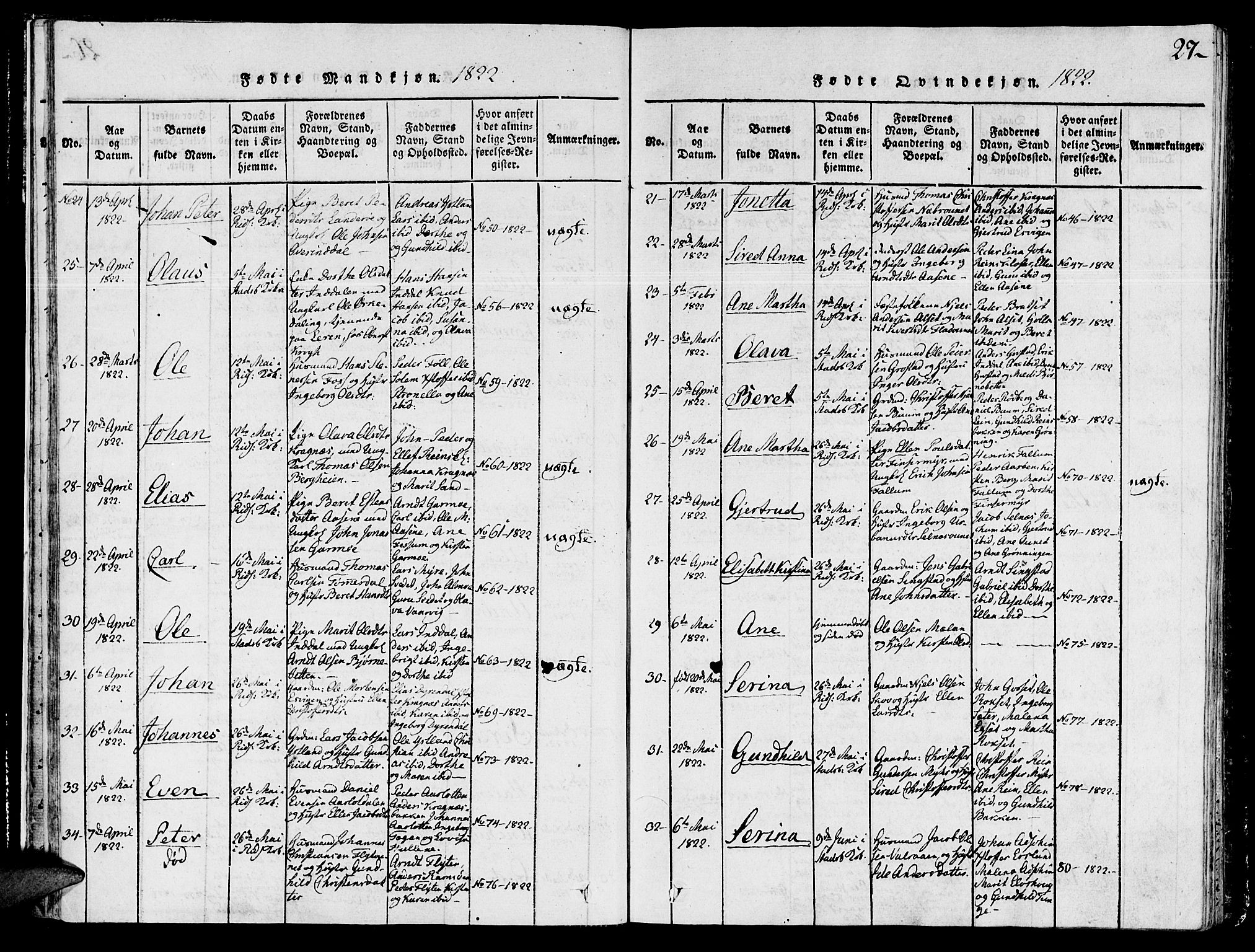 Ministerialprotokoller, klokkerbøker og fødselsregistre - Sør-Trøndelag, SAT/A-1456/646/L0608: Ministerialbok nr. 646A06, 1816-1825, s. 27