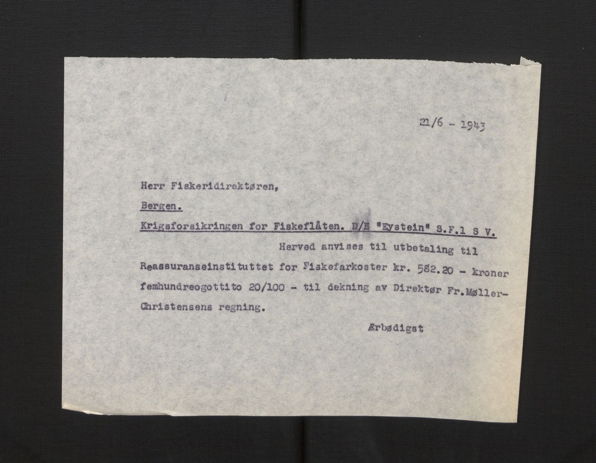 Fiskeridirektoratet - 1 Adm. ledelse - 13 Båtkontoret, AV/SAB-A-2003/La/L0058: Statens krigsforsikring for fiskeflåten, 1936-1971, s. 76